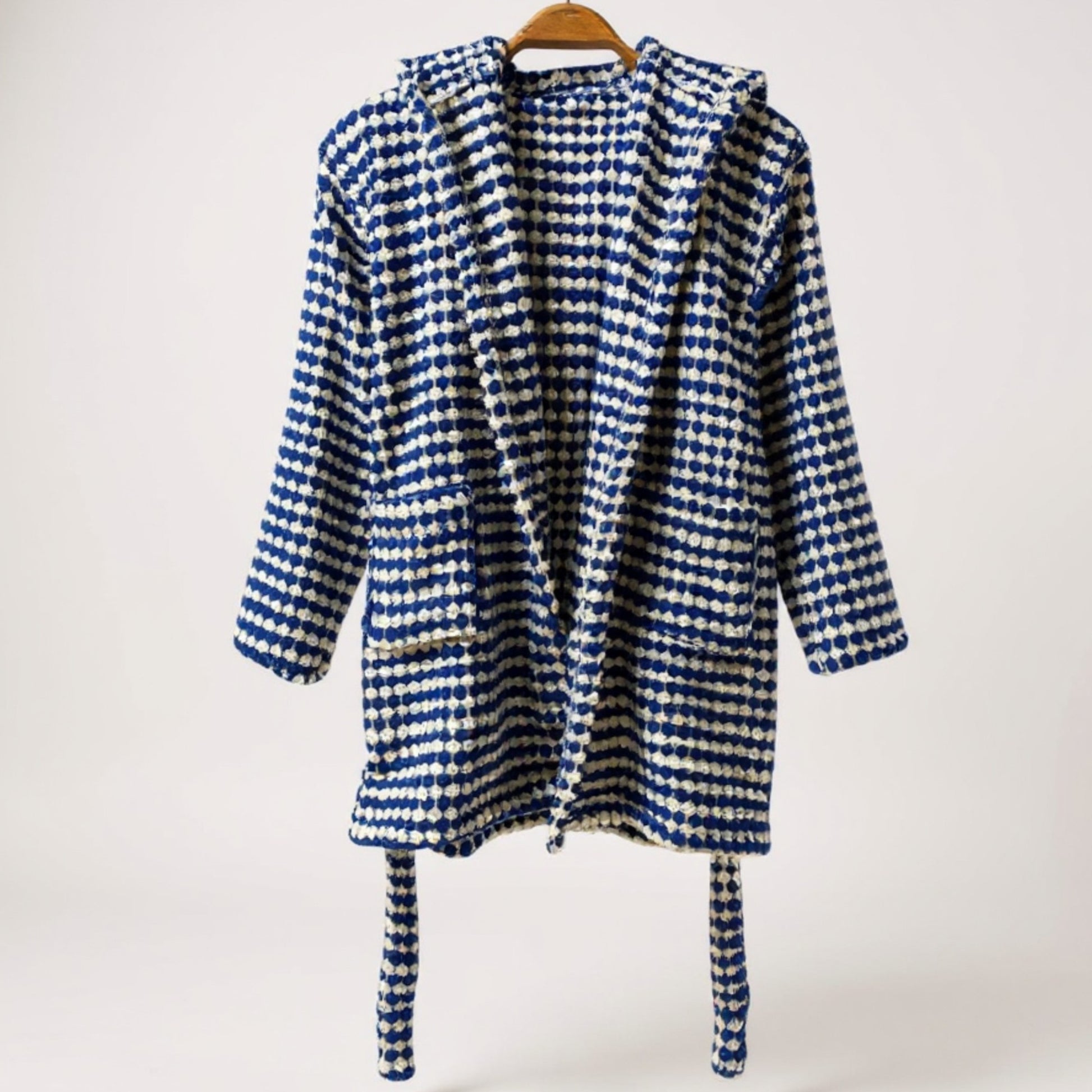 Handmade handwoven Turkish cotton terry towel kids bathrobe with PomPom design, ultra-soft, absorbent, natural and safe for children