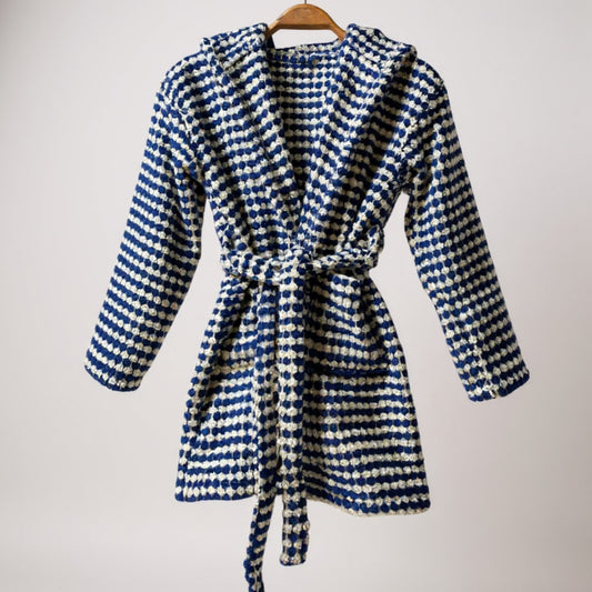 Handmade handwoven Turkish cotton terry towel kids bathrobe with PomPom design, ultra-soft, absorbent, natural and safe for children