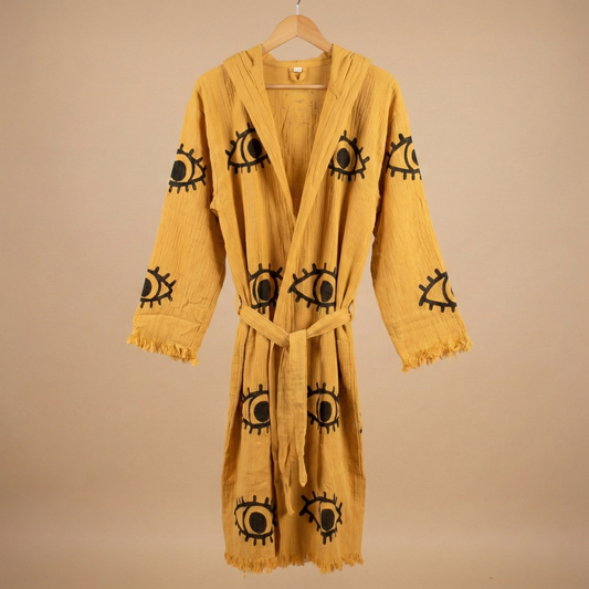 Handwoven Organic Cotton Muslin Evil Eye Block Print Hooded Robe – Unisex