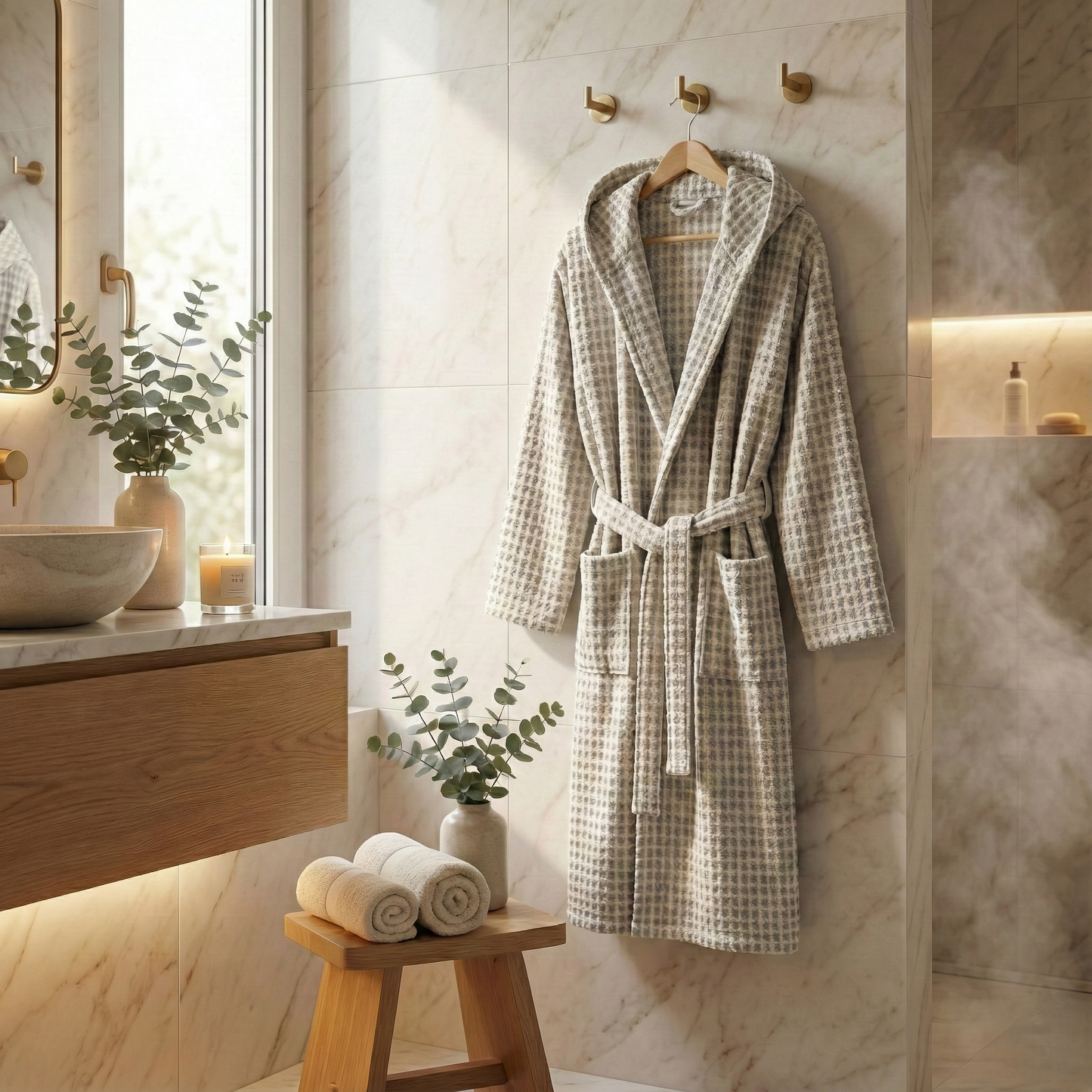 Handwoven Turkish Terry Bathrobe — Grey Dotted Hooded