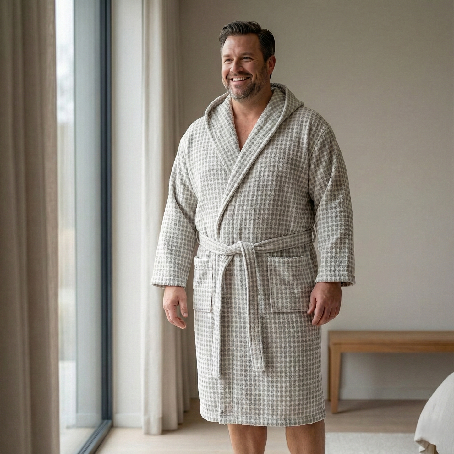Handwoven Turkish Terry Bathrobe — Grey Dotted Hooded