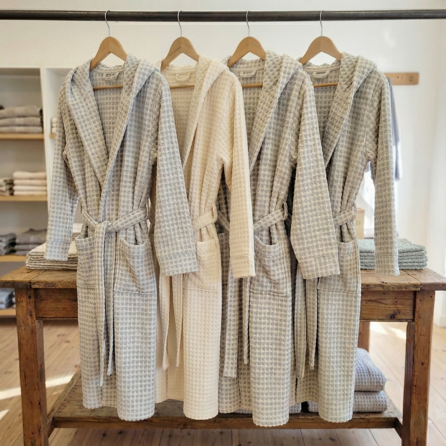 Handwoven Turkish Terry Bathrobe — Grey Dotted Hooded