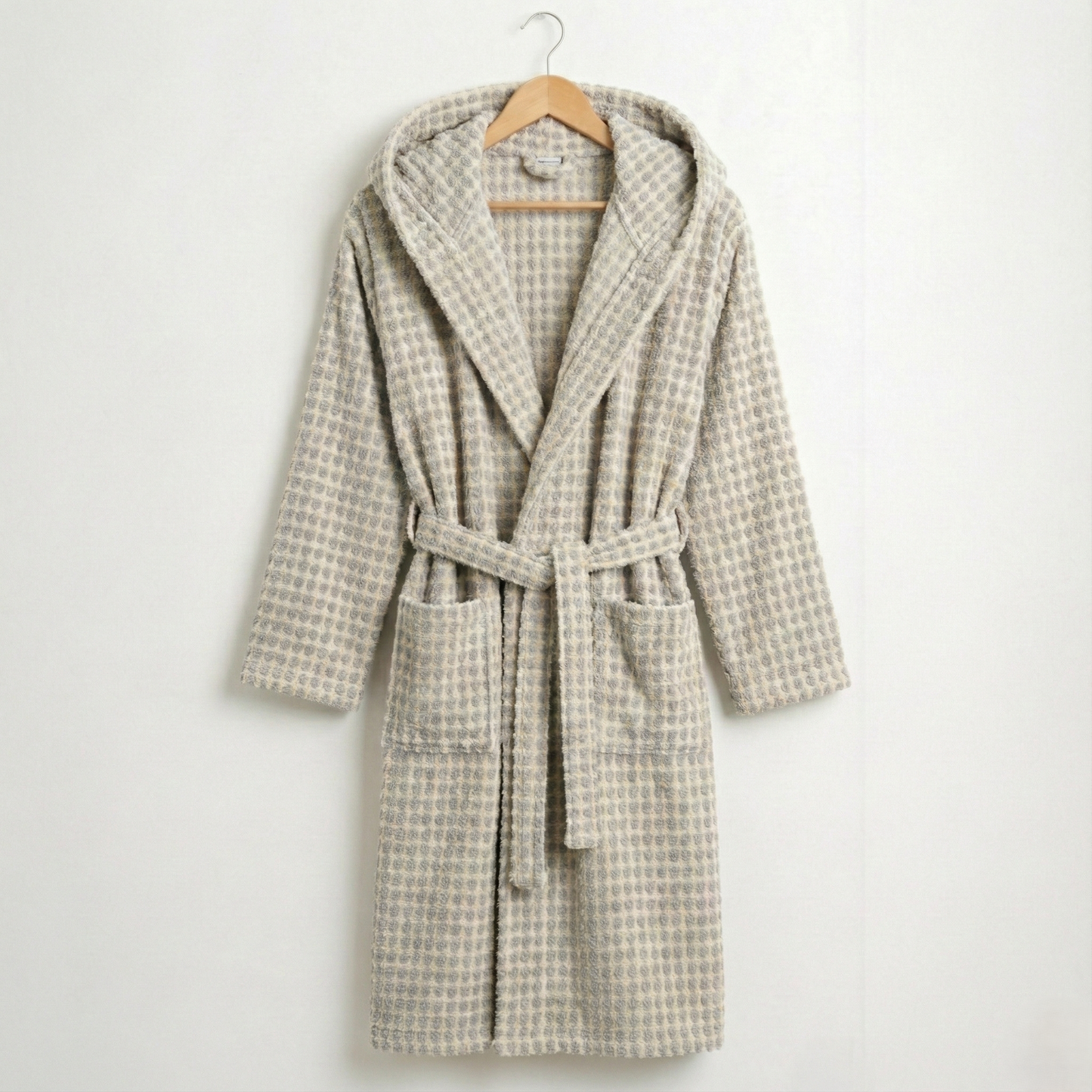 Handwoven Turkish Terry Bathrobe — Grey Dotted Hooded