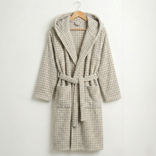 Handwoven Turkish Terry Bathrobe — Grey Dotted Hooded
