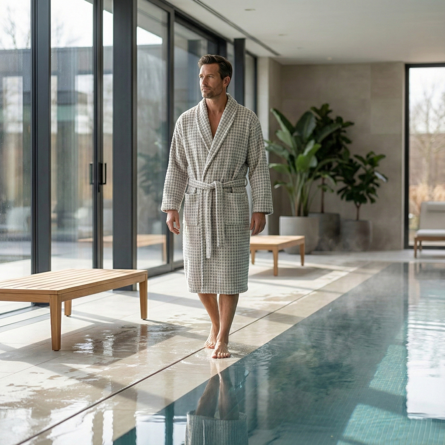 Man in a Handwoven Turkish Terry Bathrobe — Grey Dotted Shawl Collar standing by a pool in a modern indoor setting