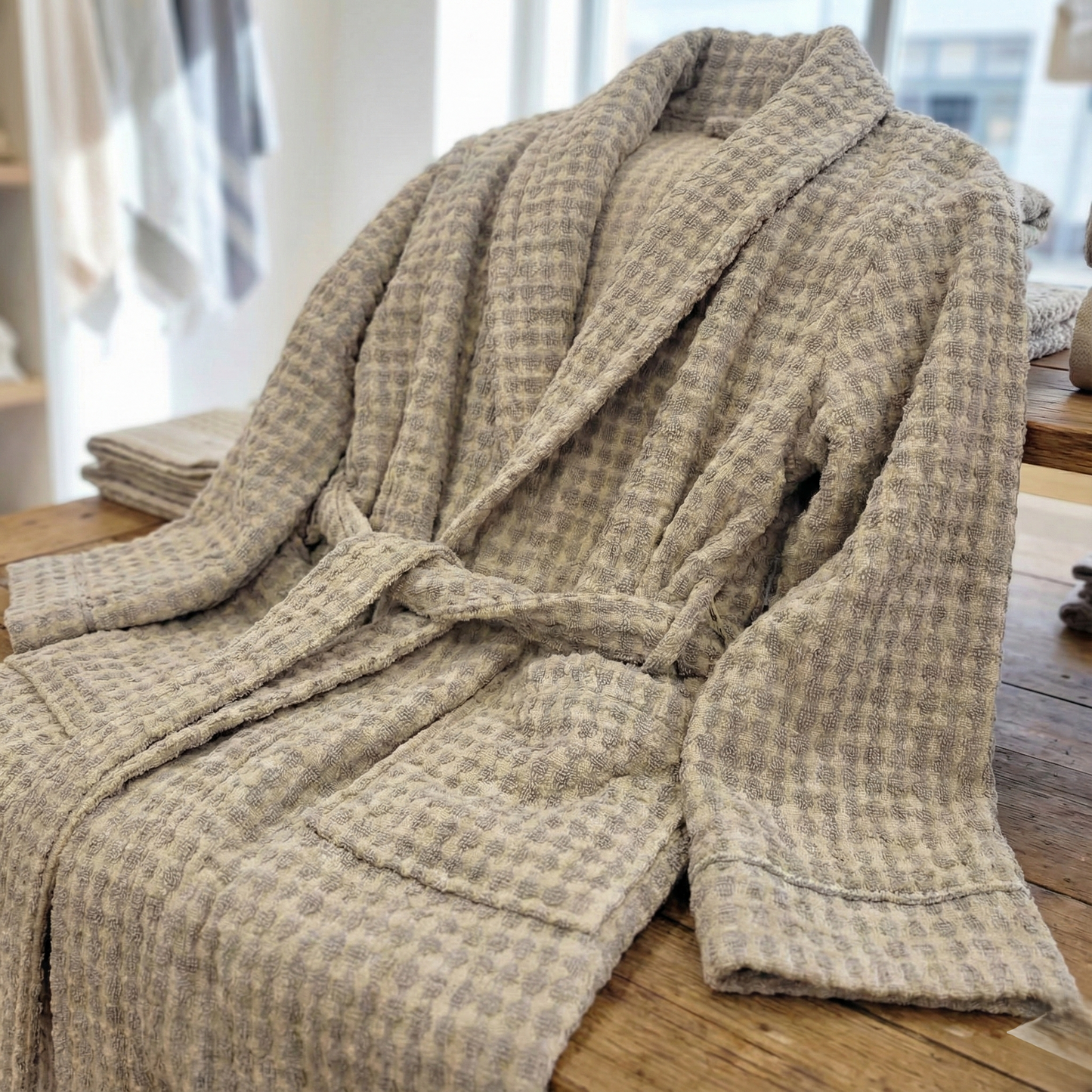 Handwoven Turkish Terry Bathrobe Grey Dotted Shawl Collar on a wooden surface with a blurred indoor background