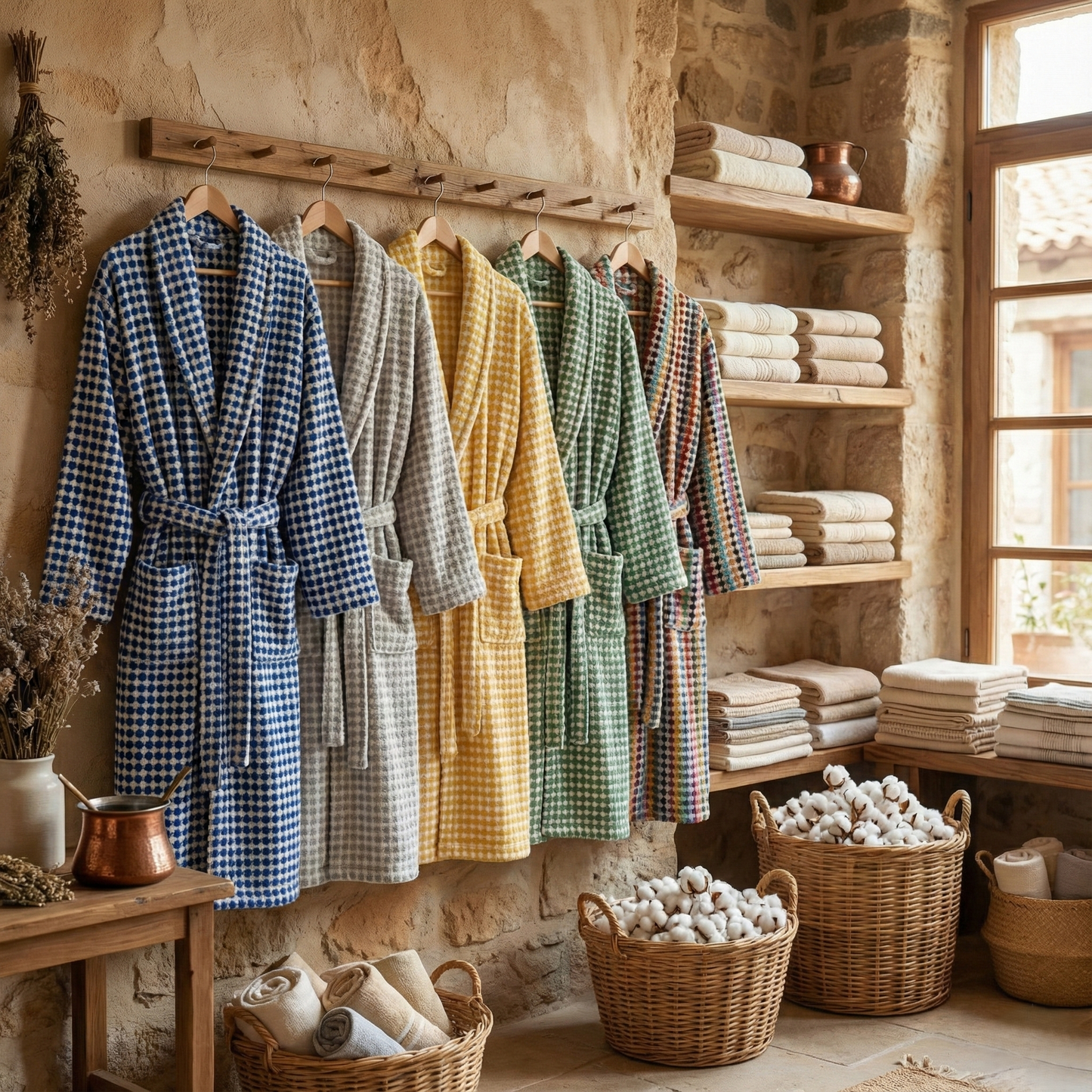 Collection of checkered robes in various colors hanging on a rack with shelves displaying folded towels in a rustic setting.
