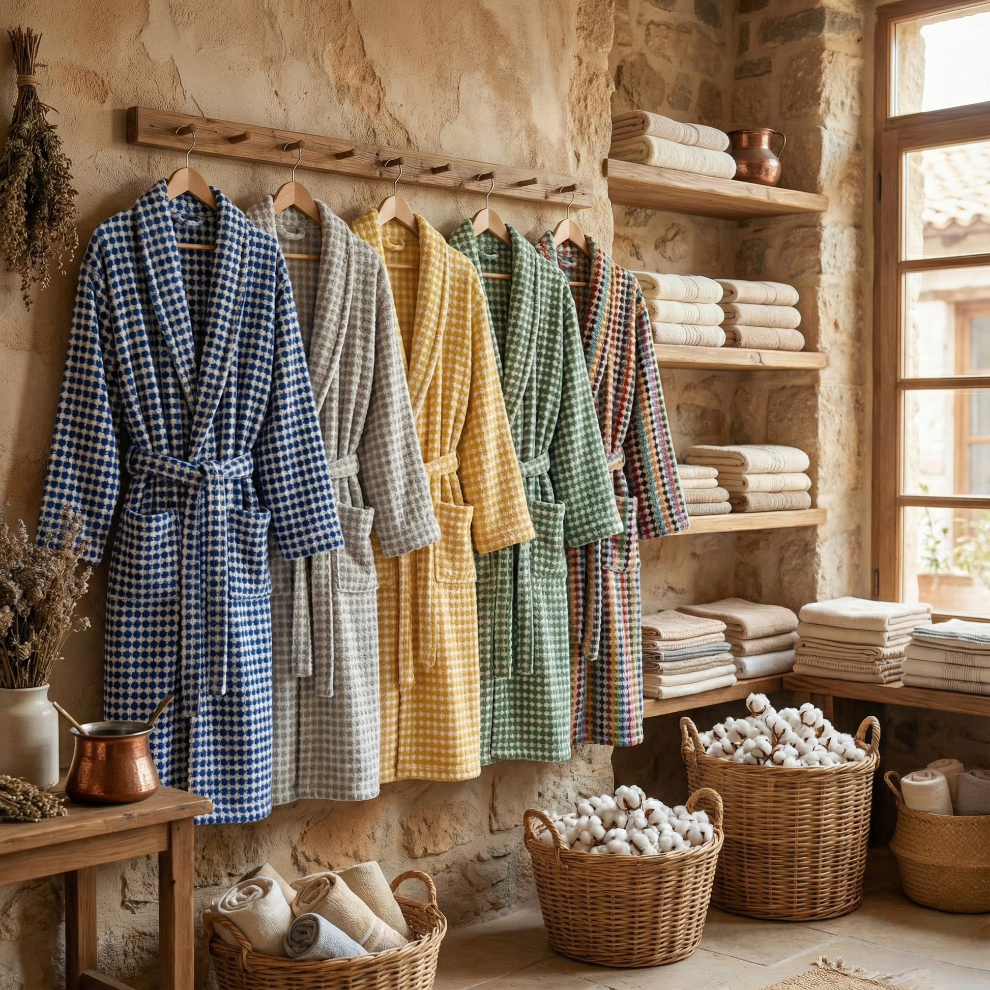 Collection of checkered robes in various colors hanging on a rack with shelves displaying folded towels in a rustic setting.