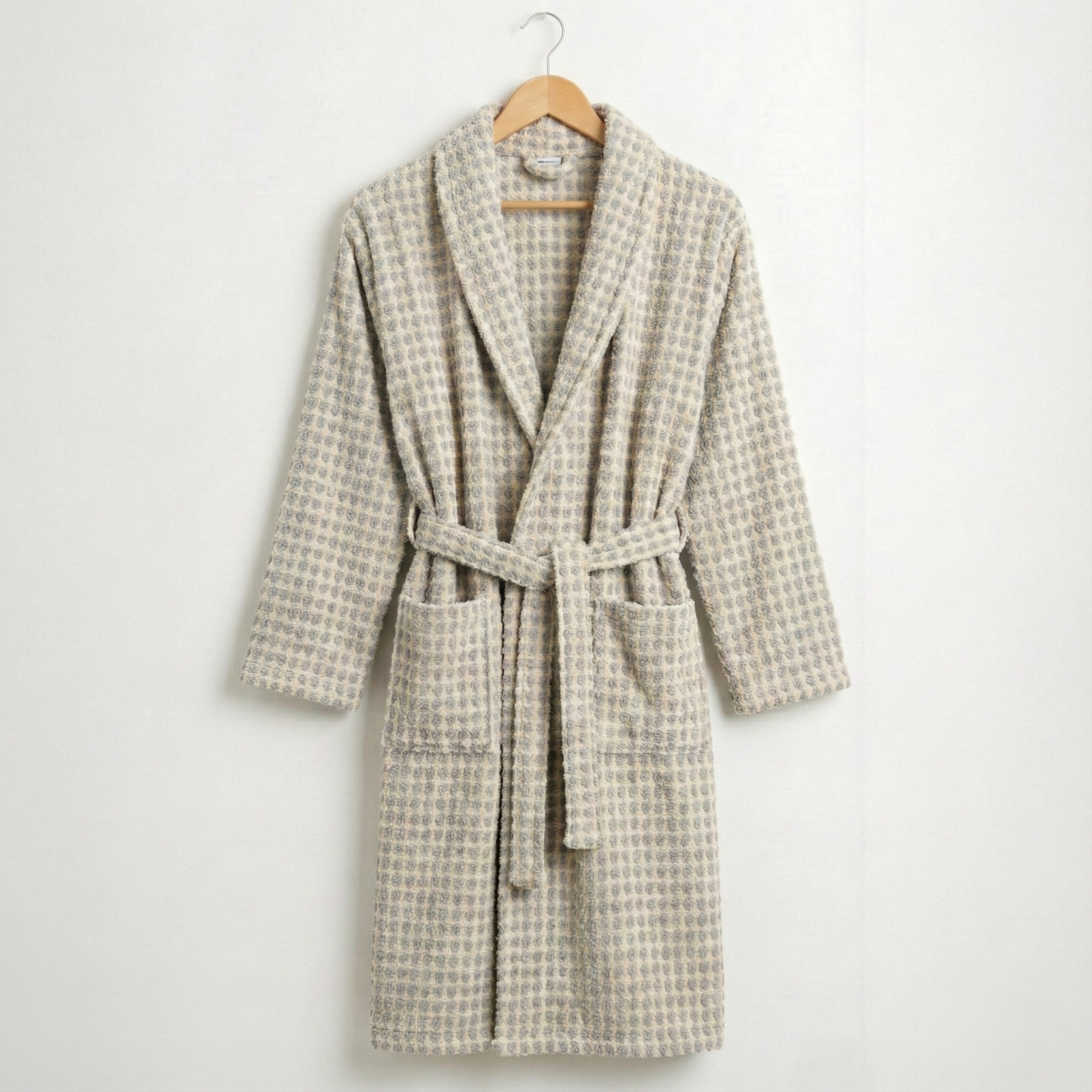 Handwoven Turkish Terry Bathrobe — Grey Dotted Shawl Collar on a hanger against a white background