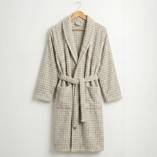 Handwoven Turkish Terry Bathrobe — Grey Dotted Shawl Collar on a hanger against a white background