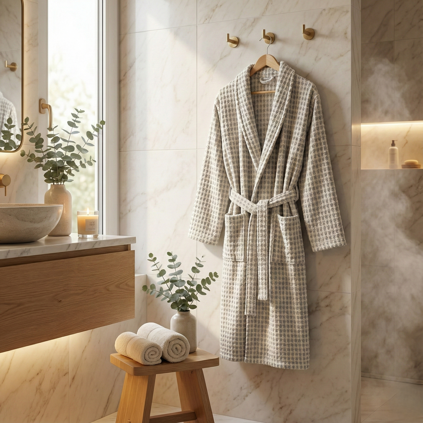 Handwoven Turkish Terry Bathrobe — Grey Dotted Shawl Collar hanging on a hook in a bathroom with marble walls and wooden vanity.