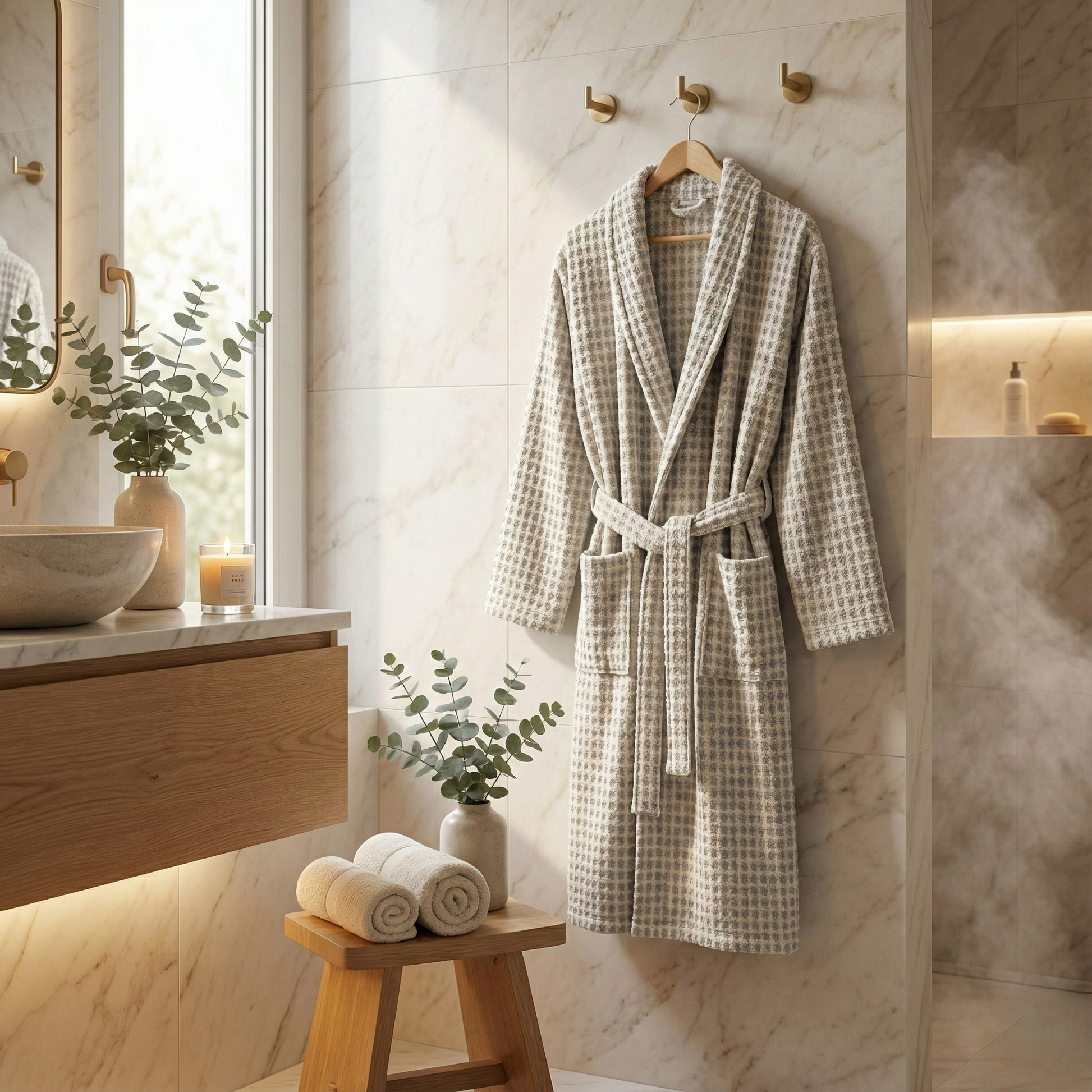 Handwoven Turkish Terry Bathrobe — Grey Dotted Shawl Collar hanging on a hook in a bathroom with marble walls and wooden vanity.