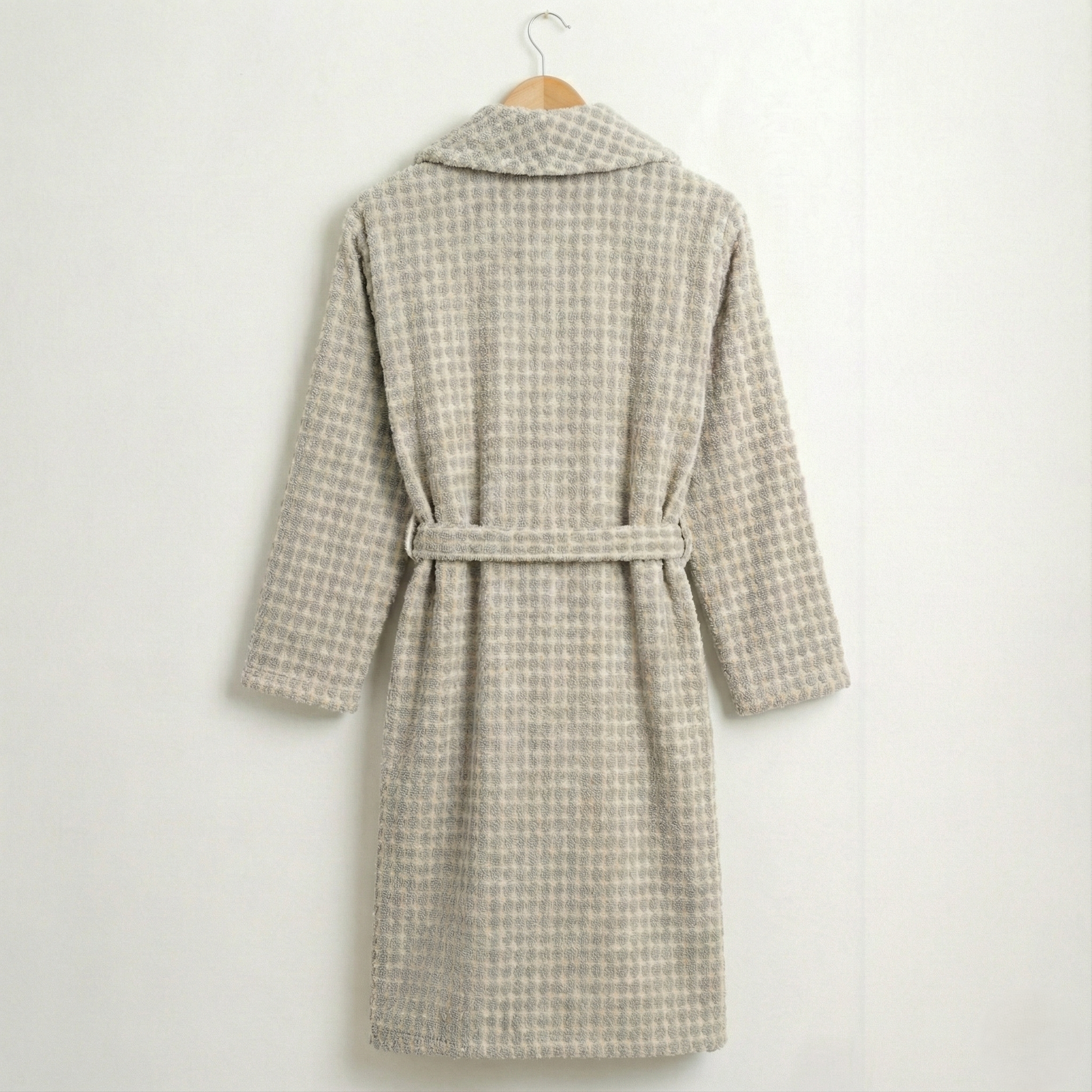Handwoven Turkish Terry Bathrobe — Grey Dotted Shawl Collar a hanger against a white background
