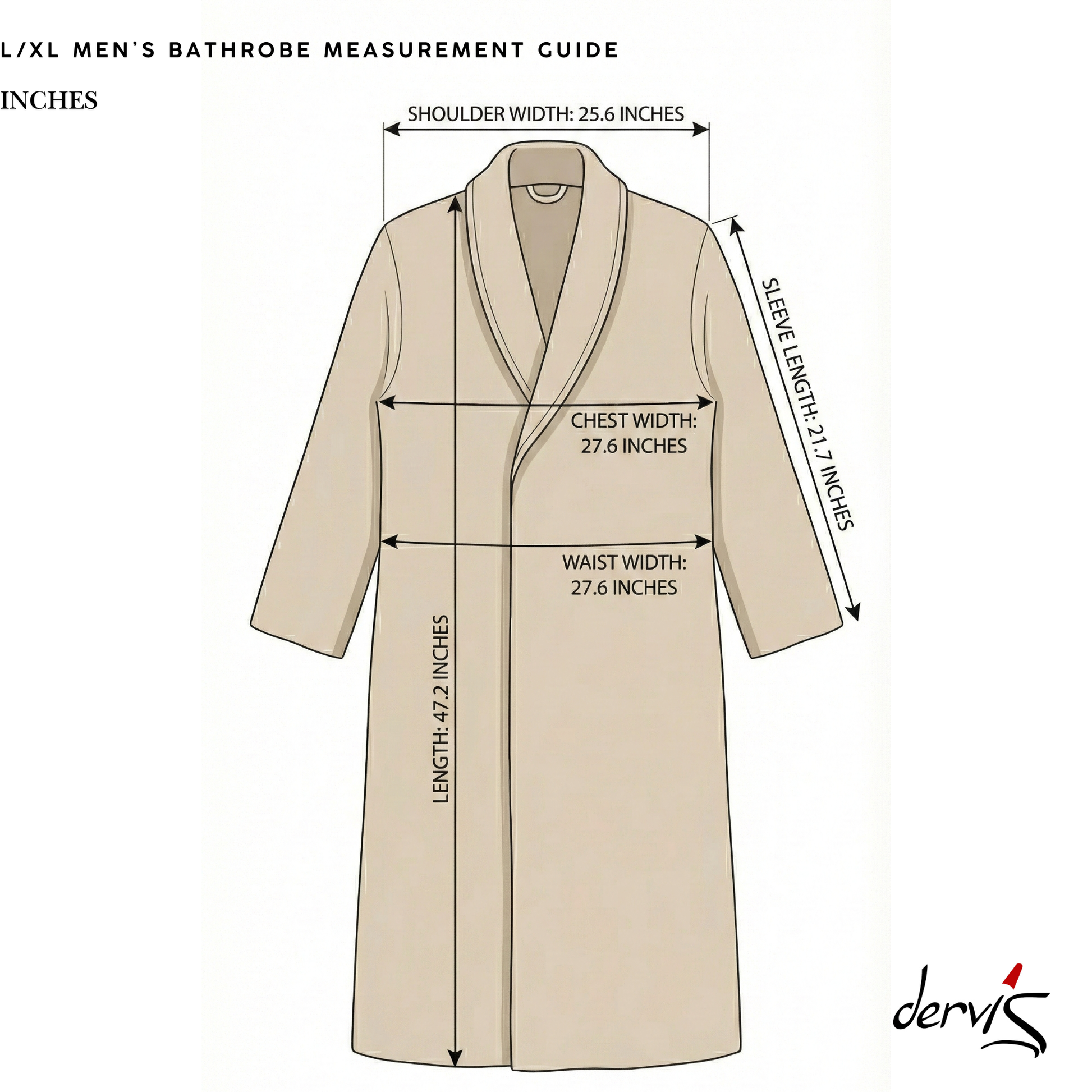 Measurement guide for a men's bathrobe with dimensions labeled on a beige background.