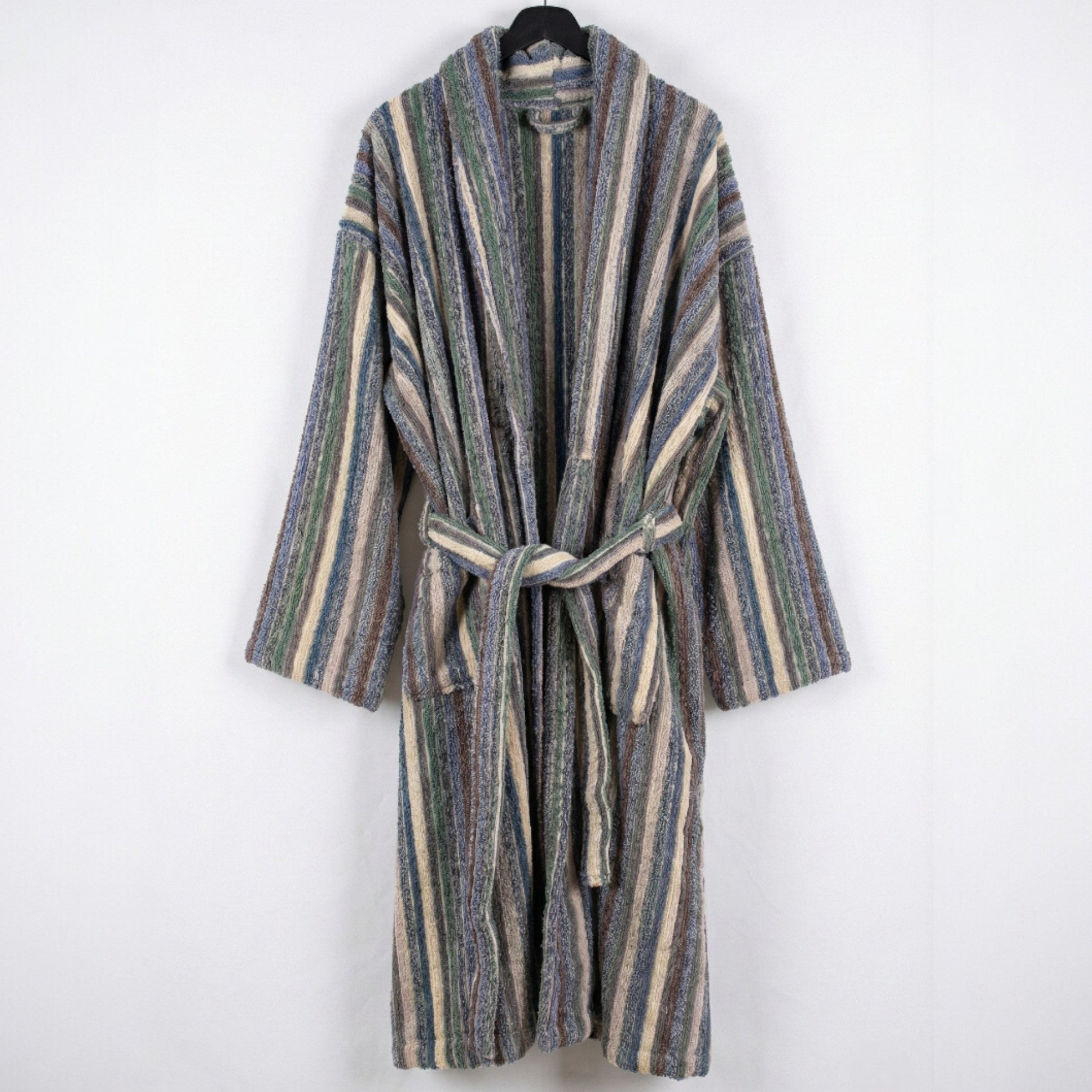 Handwoven Turkish Terry Towel Men’s Bathrobe on a hanger against a white background