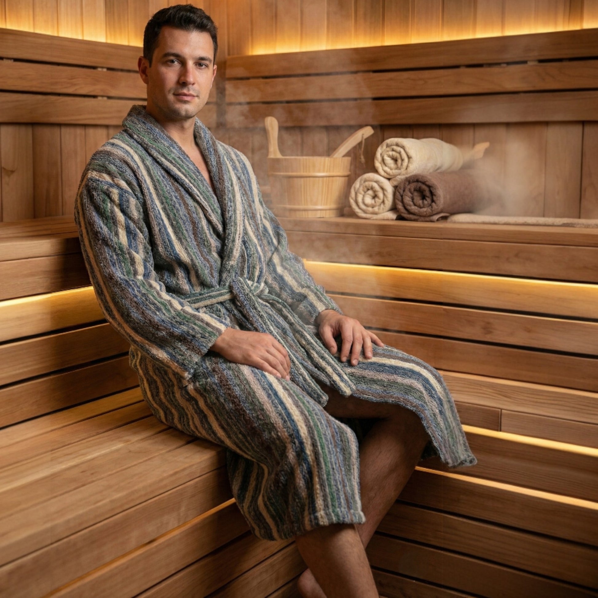 Man in a Handwoven Turkish Terry Towel Men’s Bathrobe sitting in a wooden sauna with towels and steam.