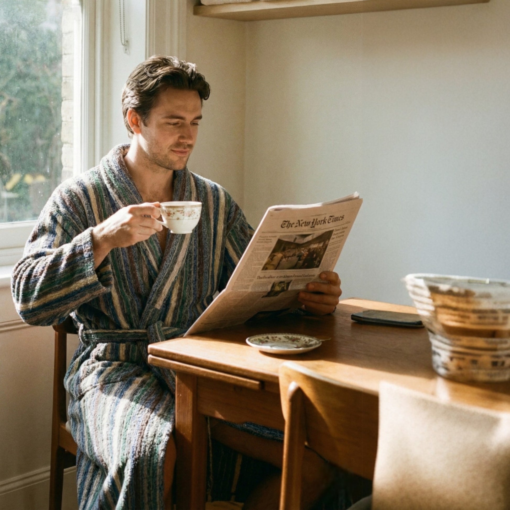 Man in a Handwoven Turkish Terry Towel Men’s Bathrobe reading a newspaper and holding a cup at a wooden table.