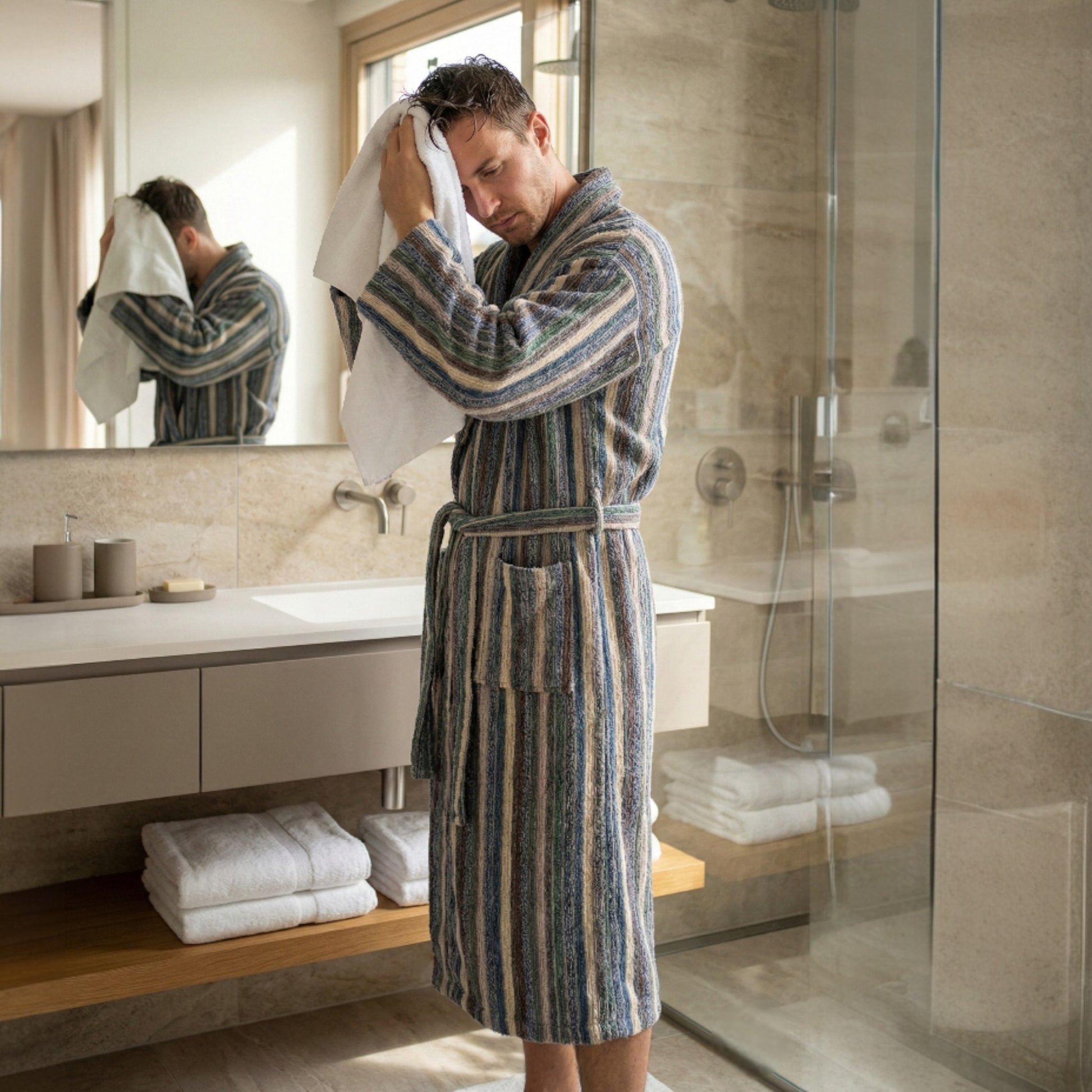 Man in a striped Handwoven Turkish Terry Towel Men’s Bathrobe drying his face with a towel in a bathroom.