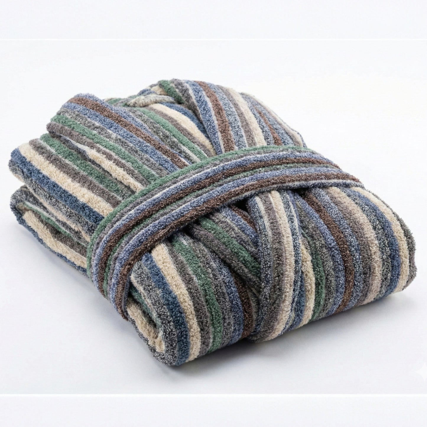 Folded Handwoven Turkish Terry Towel Men’s Bathrobe with blue, green, and brown colors on a white background