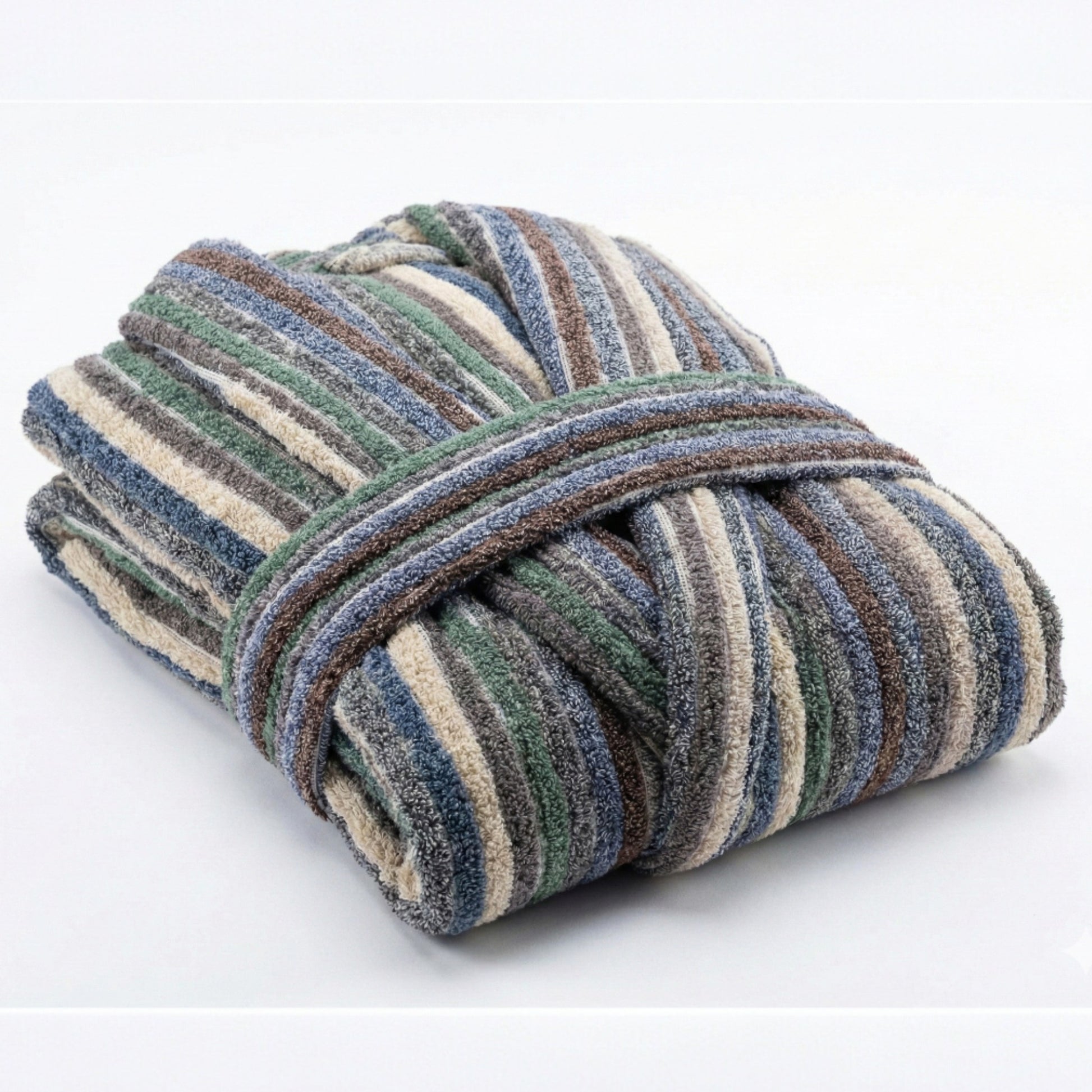 Folded Handwoven Turkish Terry Towel Men’s Bathrobe with blue, green, and brown colors on a white background