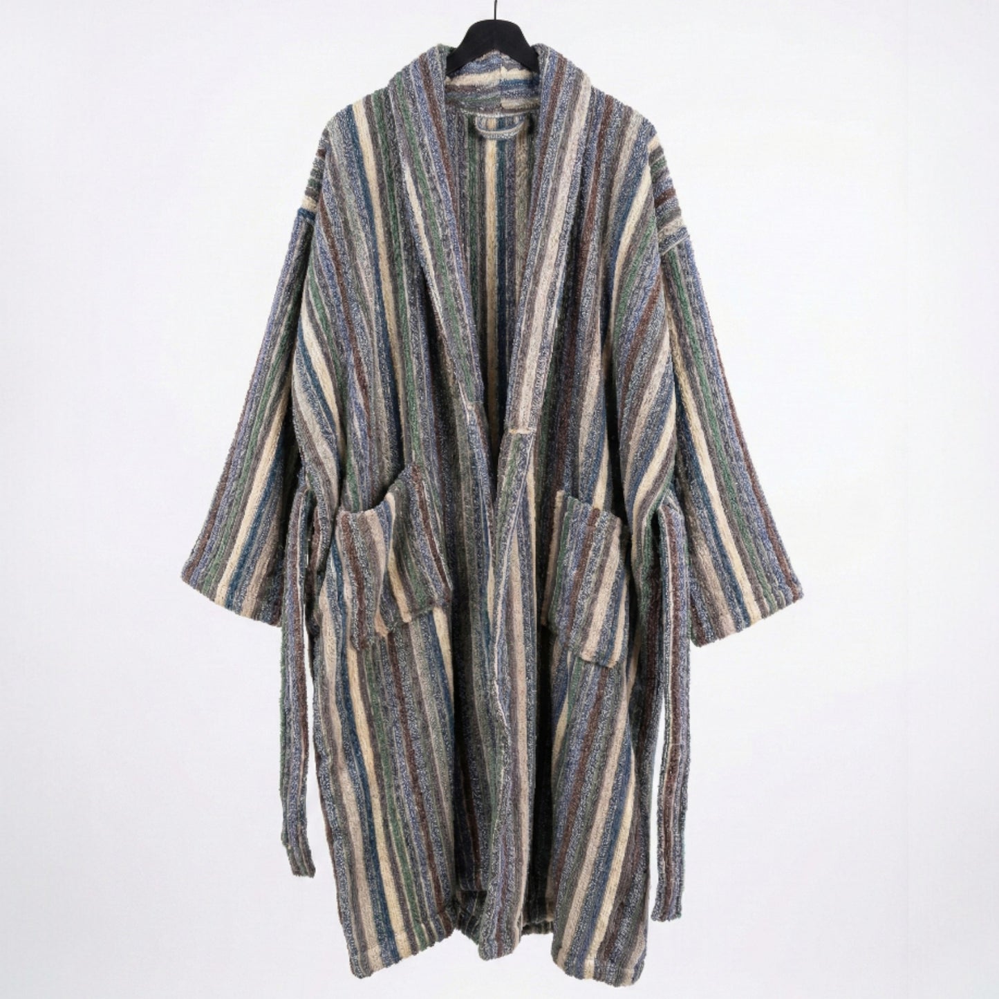 Handwoven Turkish Terry Towel Men’s Bathrobe on a hanger against a white background