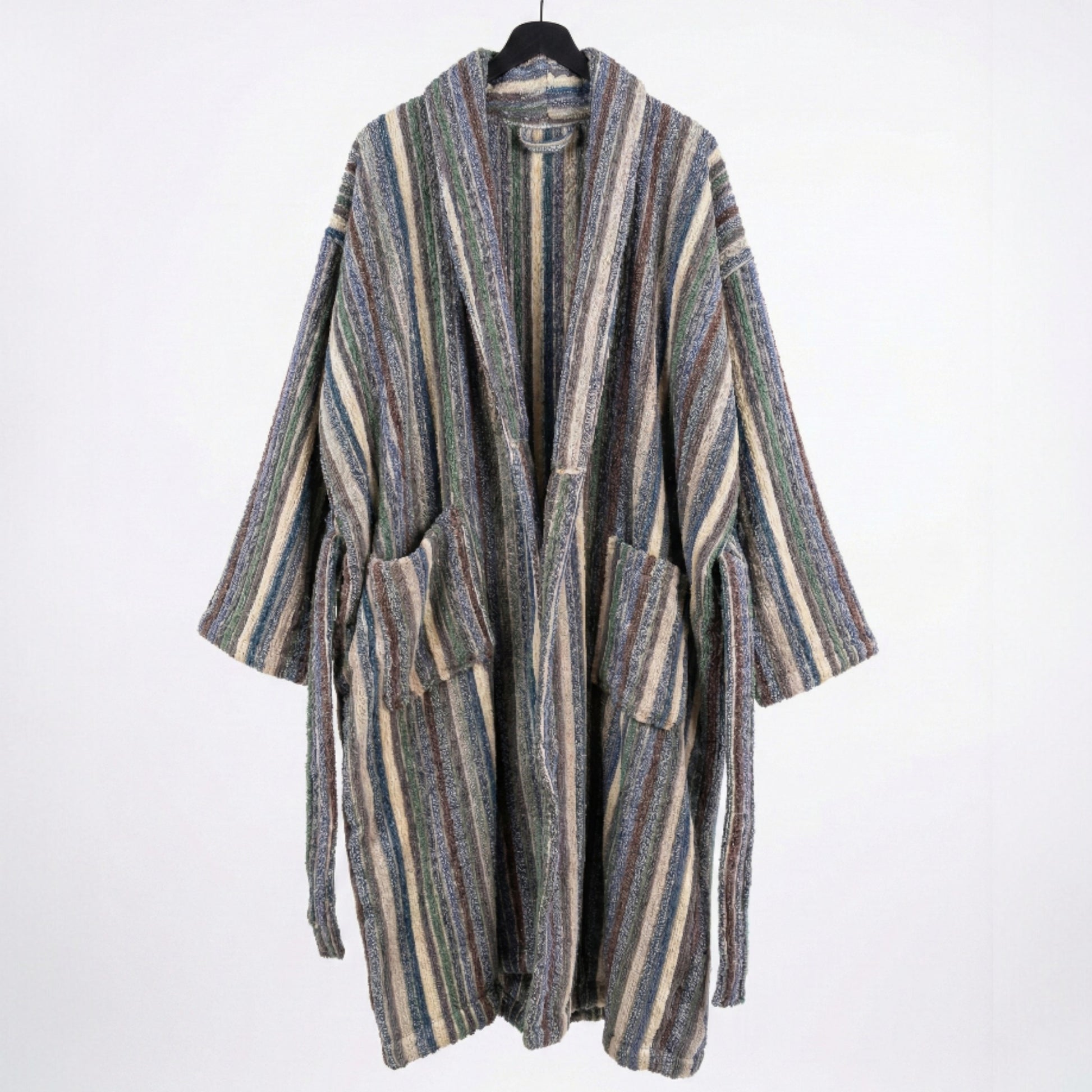 Handwoven Turkish Terry Towel Men’s Bathrobe on a hanger against a white background