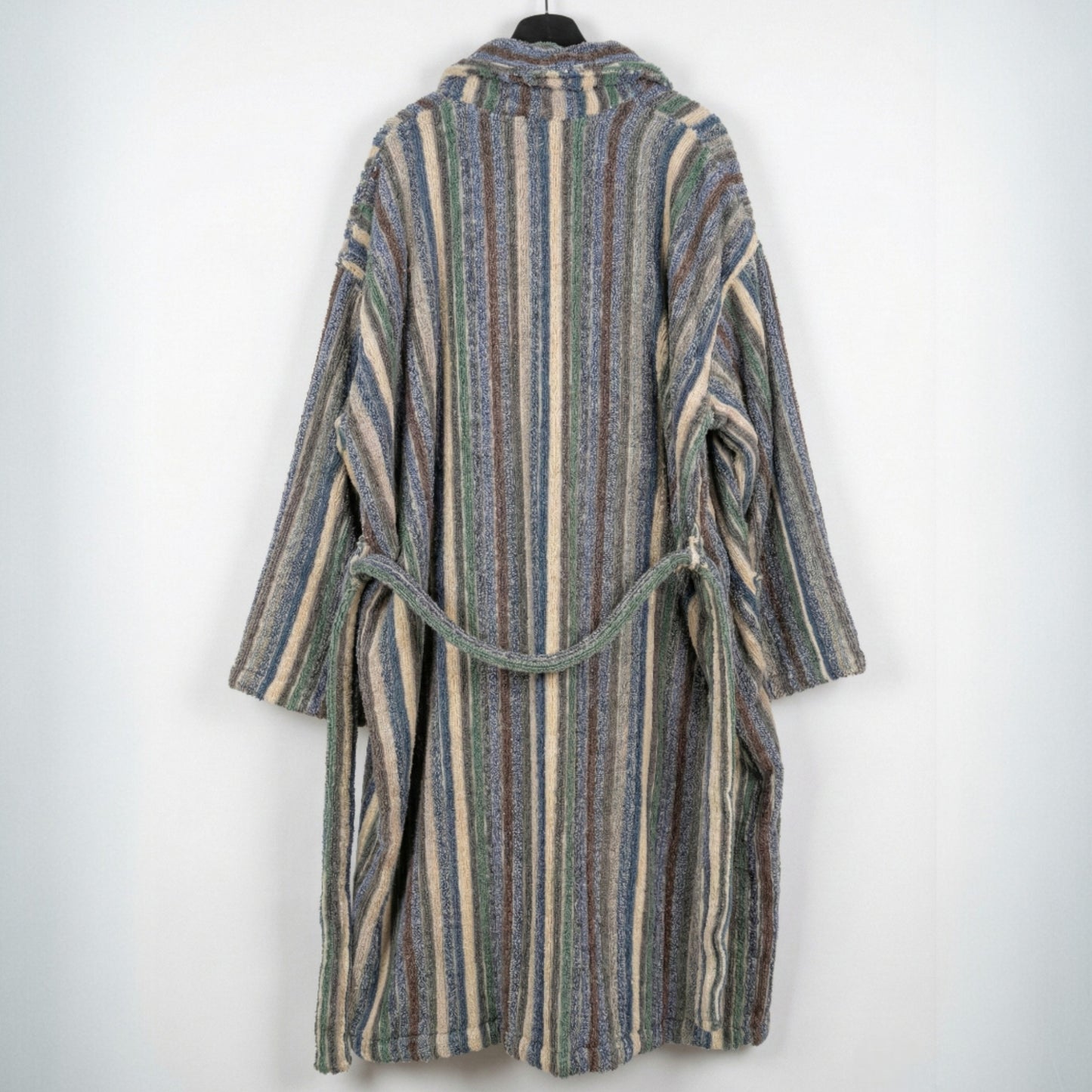 Striped Handwoven Turkish Terry Towel Men’s Bathrobe on a mannequin against a white background