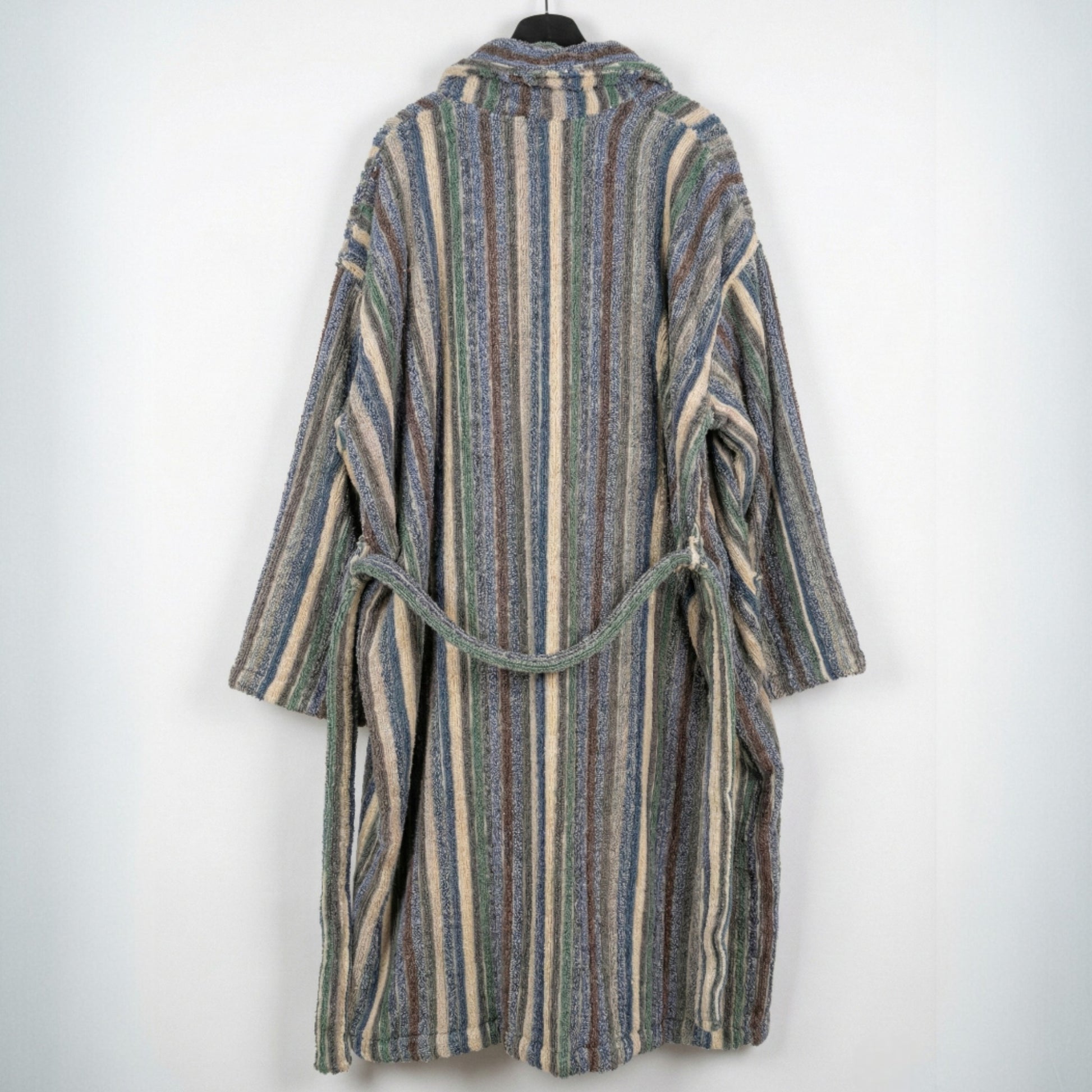 Striped Handwoven Turkish Terry Towel Men’s Bathrobe on a mannequin against a white background
