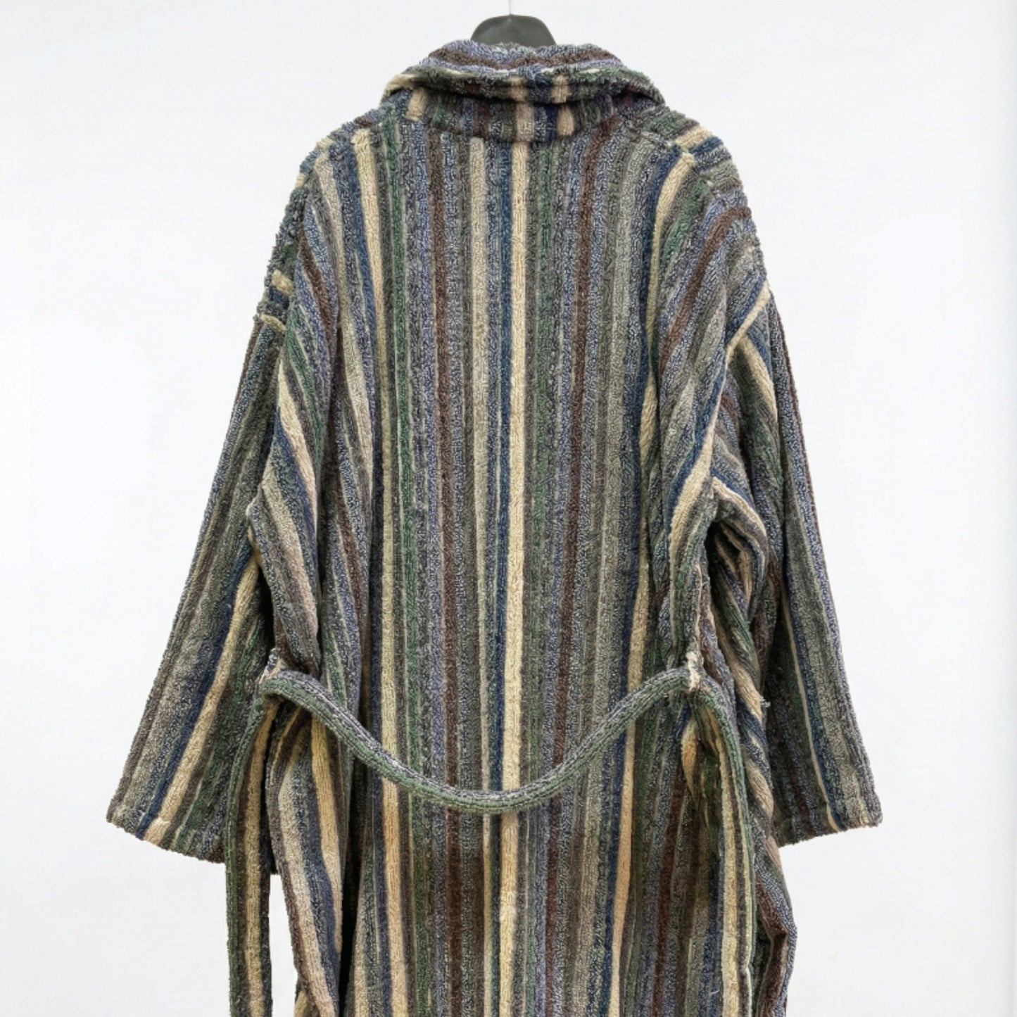 Striped Handwoven Turkish Terry Towel Men’s Bathrobe on a mannequin against a white background