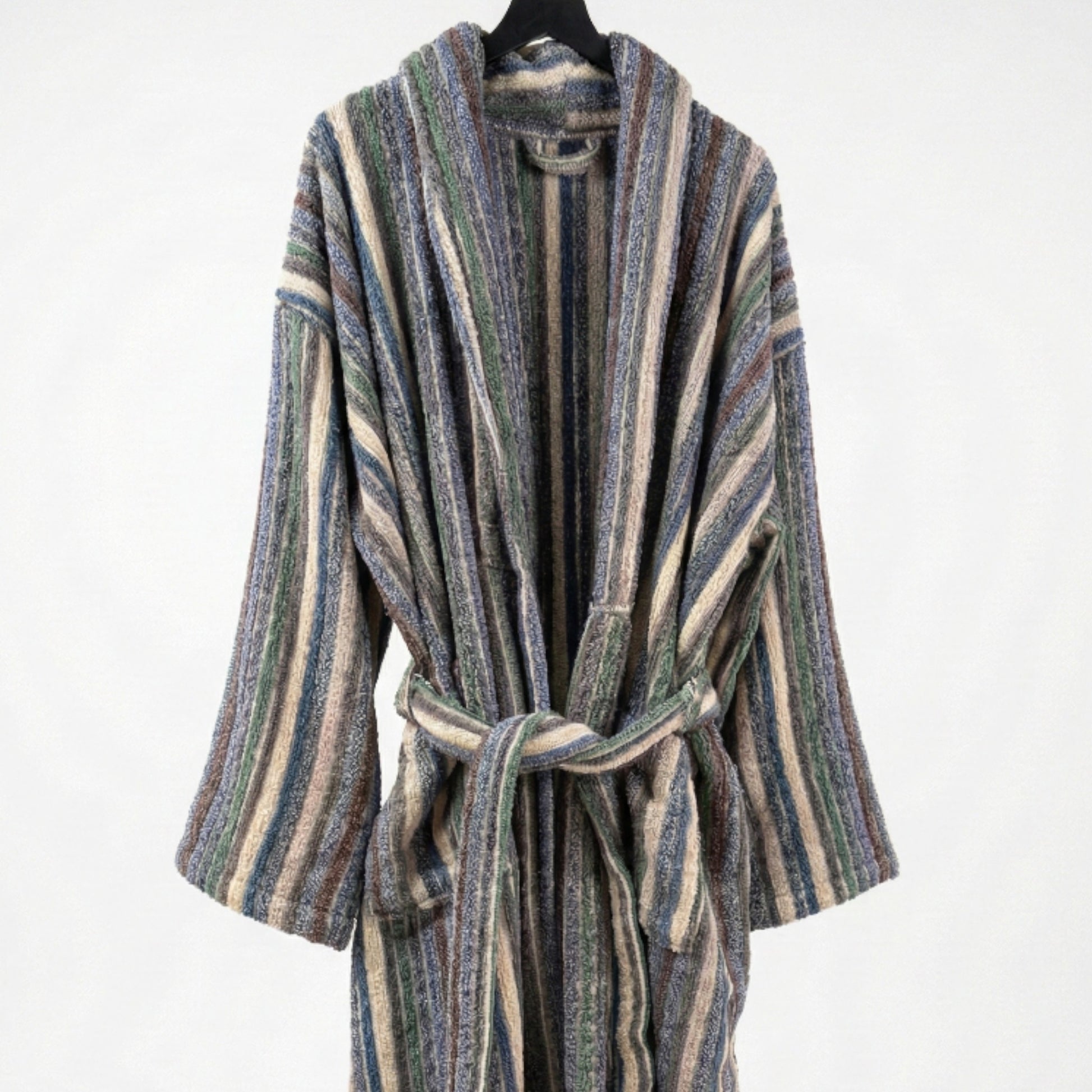 Striped Handwoven Turkish Terry Towel Men’s Bathrobe on a hanger against a white background