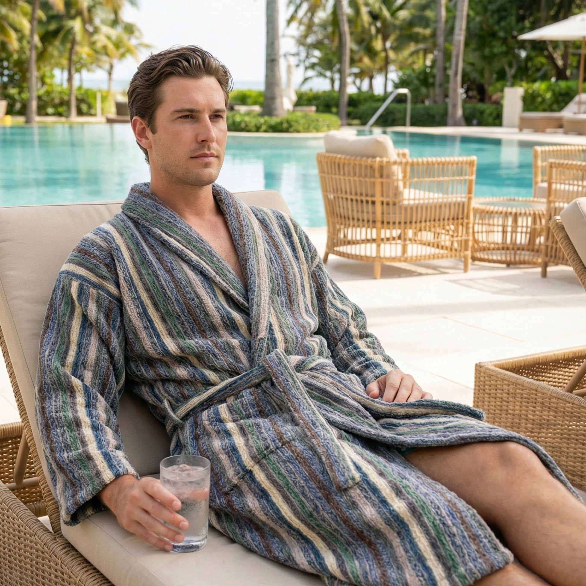 Man in a Handwoven Turkish Terry Towel Men’s Bathrobe sitting by a poolside