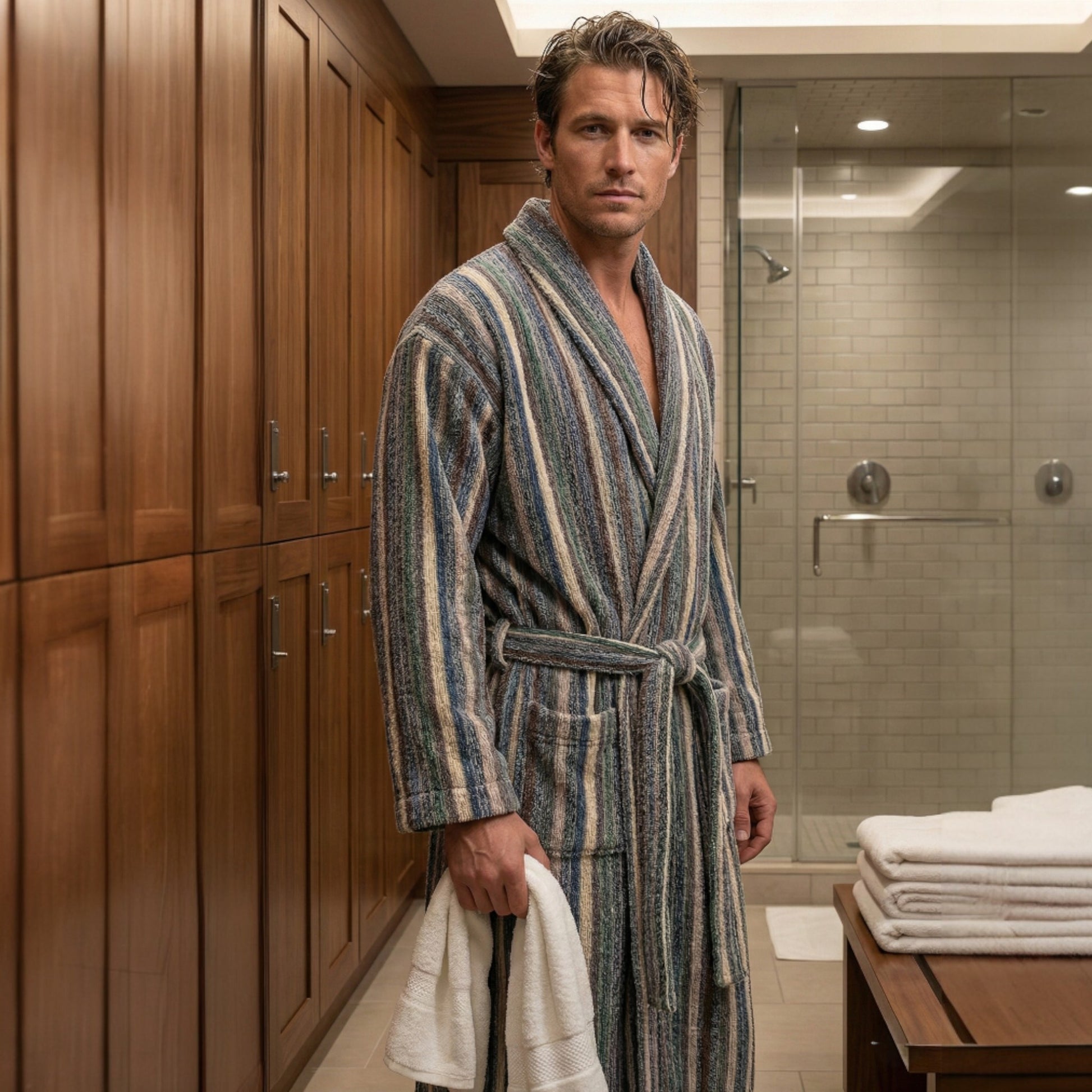 Man in a Handwoven Turkish Terry Towel Men’s Bathrobe standing in a bathroom with wooden cabinets and a shower.