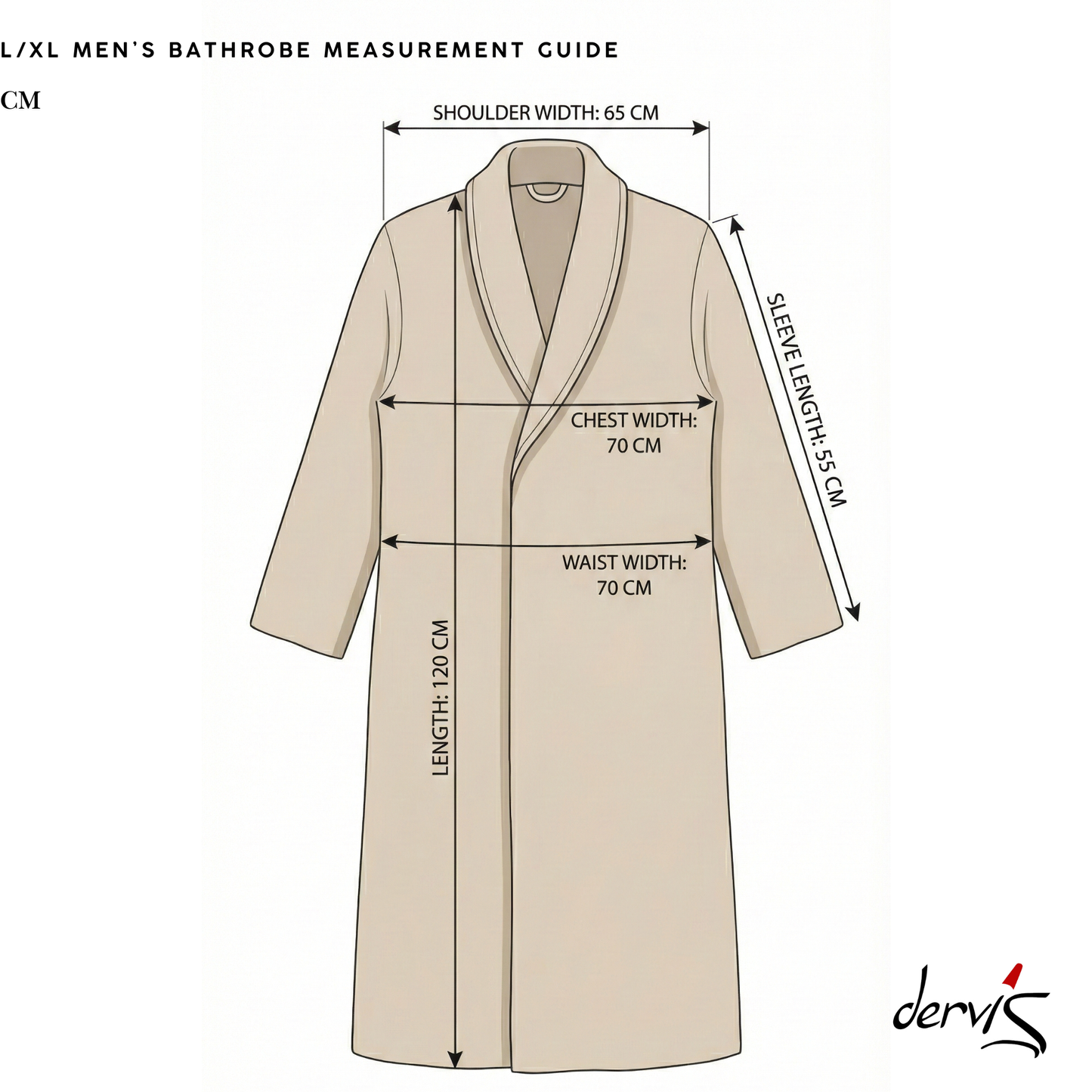 Measurement guide for a men's bathrobe with labeled dimensions on a white background.
