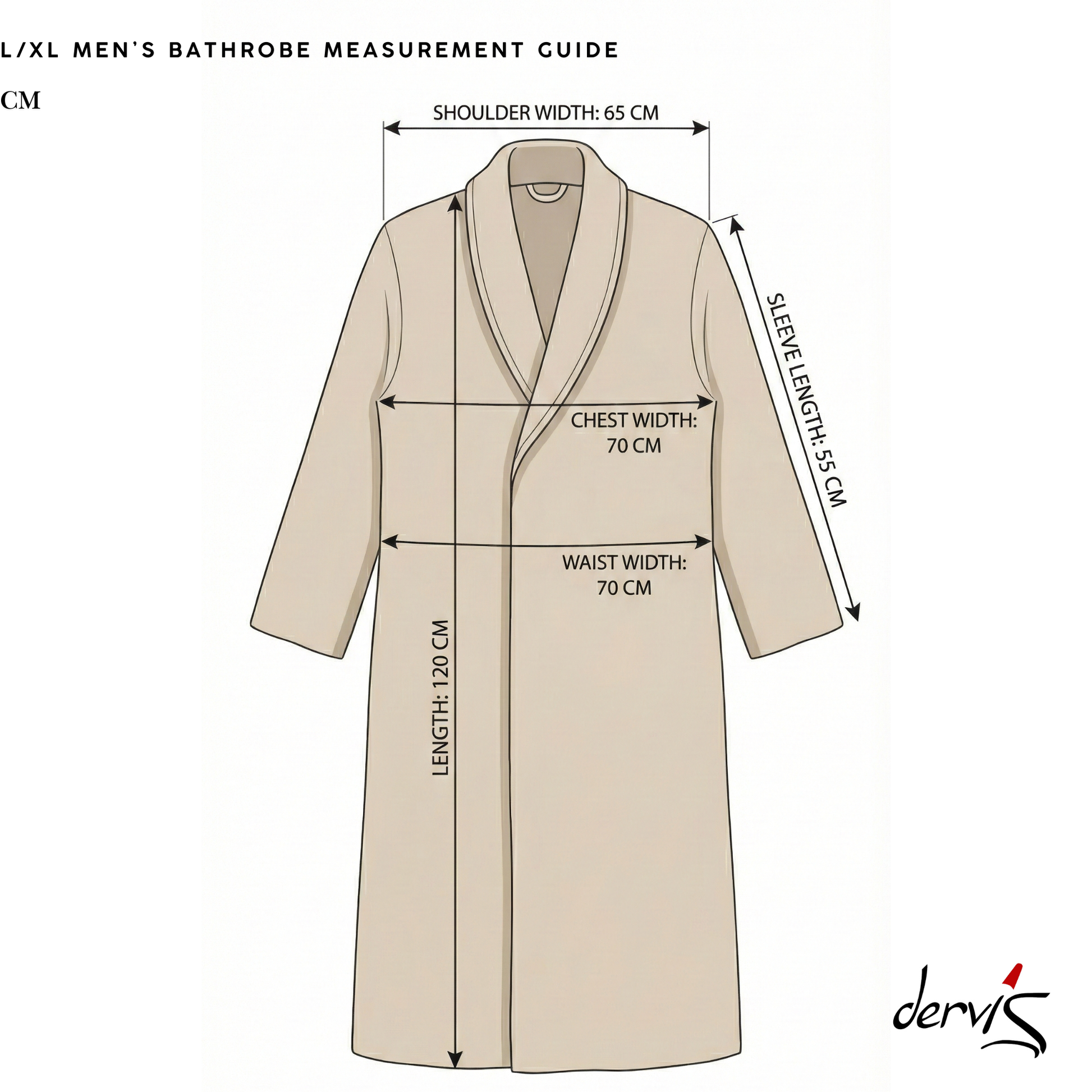 Measurement guide for a men's bathrobe with labeled dimensions on a white background.
