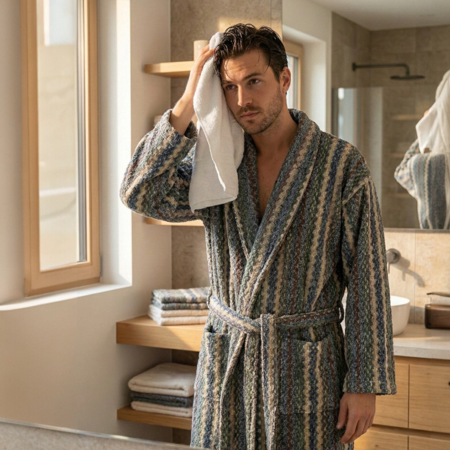 Handwoven Turkish Terry Towel Men’s Bathrobe – Zigzag Pattern (L/XL)