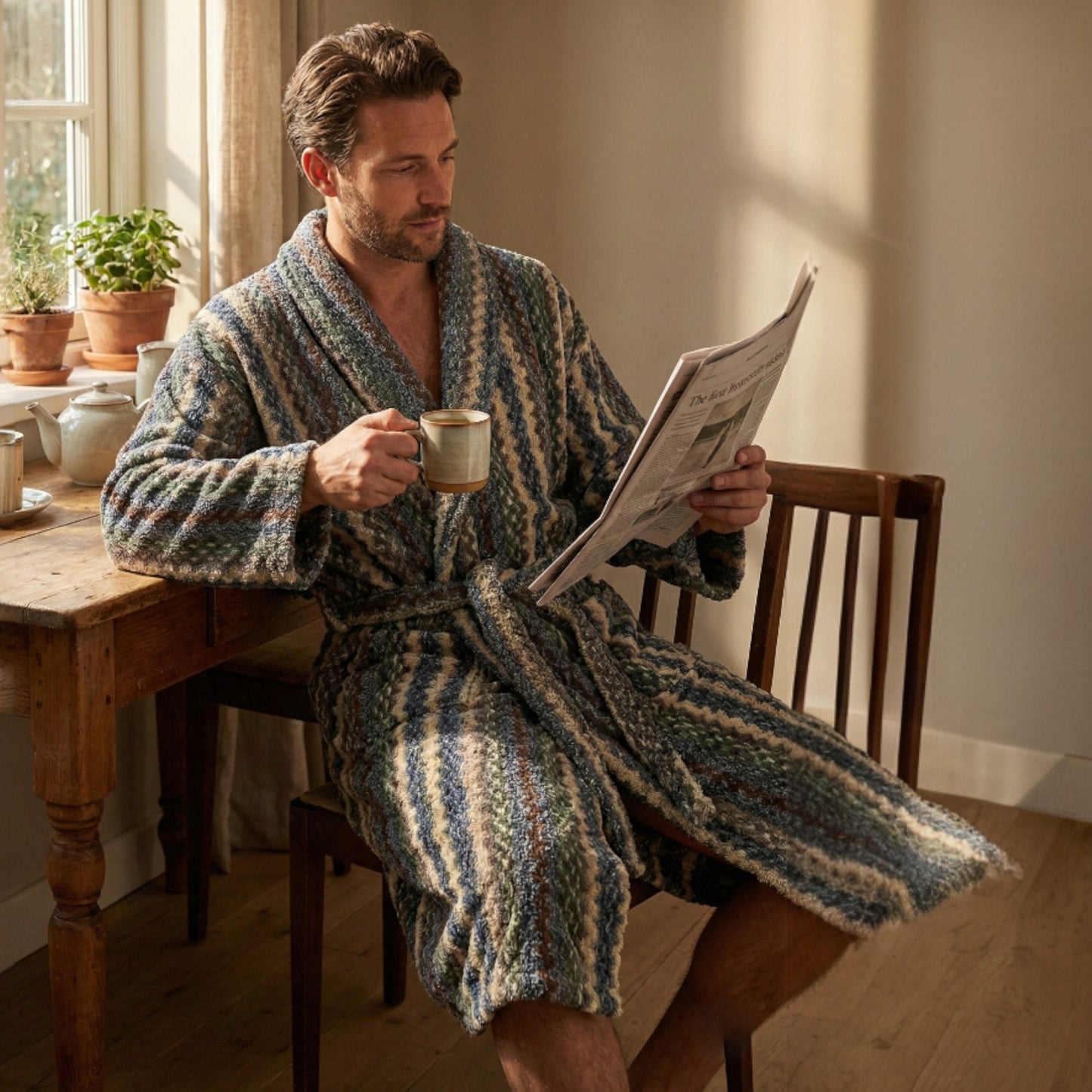 Handwoven Turkish Terry Towel Men’s Bathrobe – Zigzag Pattern (L/XL)