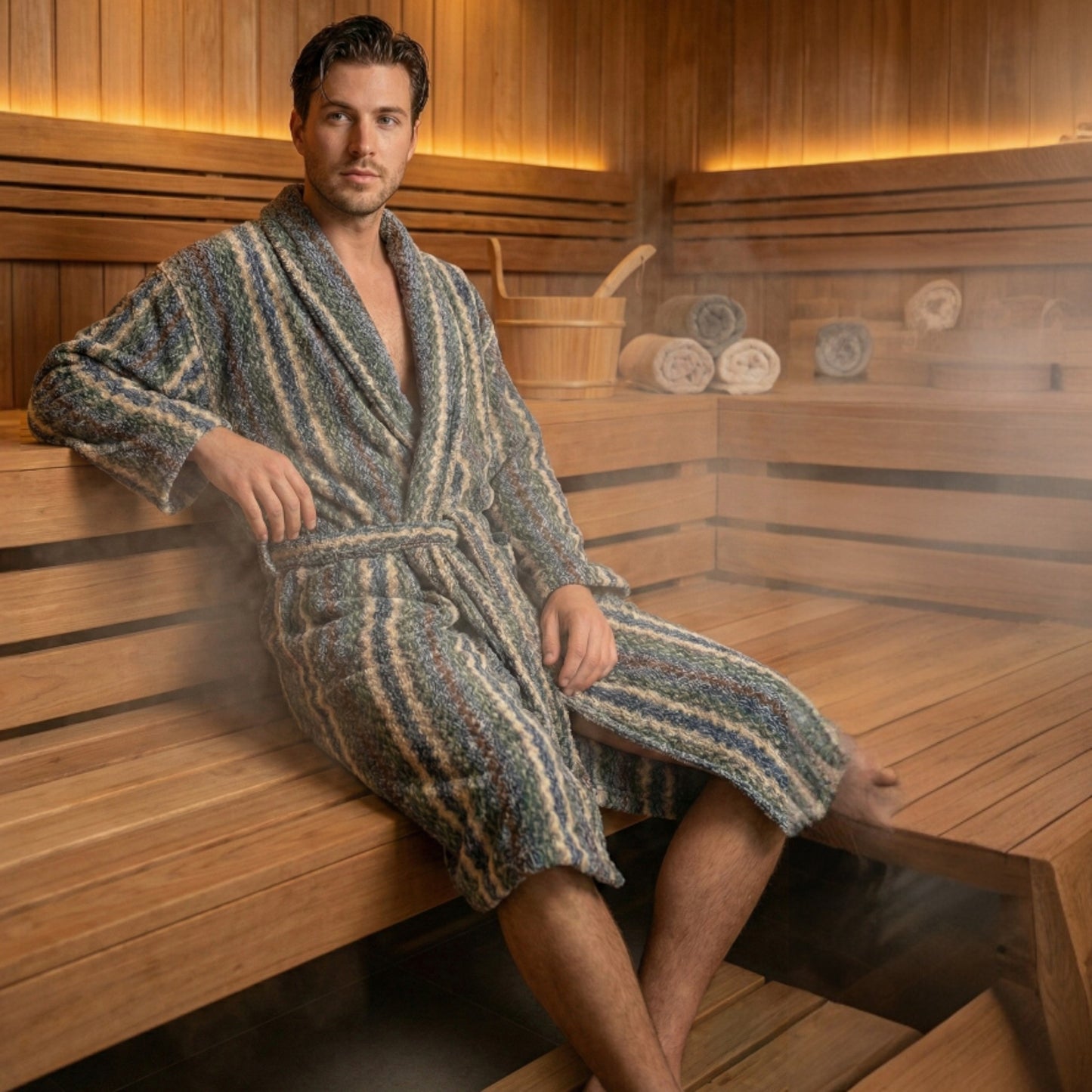 Handwoven Turkish Terry Towel Men’s Bathrobe – Zigzag Pattern (L/XL)