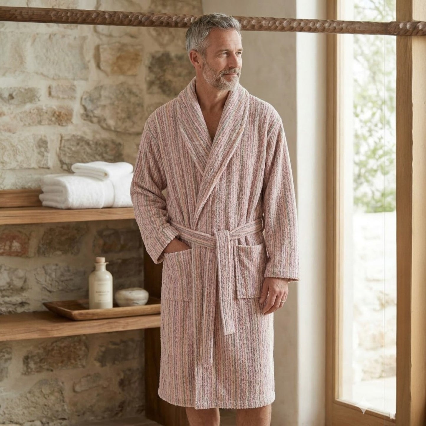 Handwoven Turkish Terry Towel Unisex  Bathrobe – Stripe Pattern (L/XL)