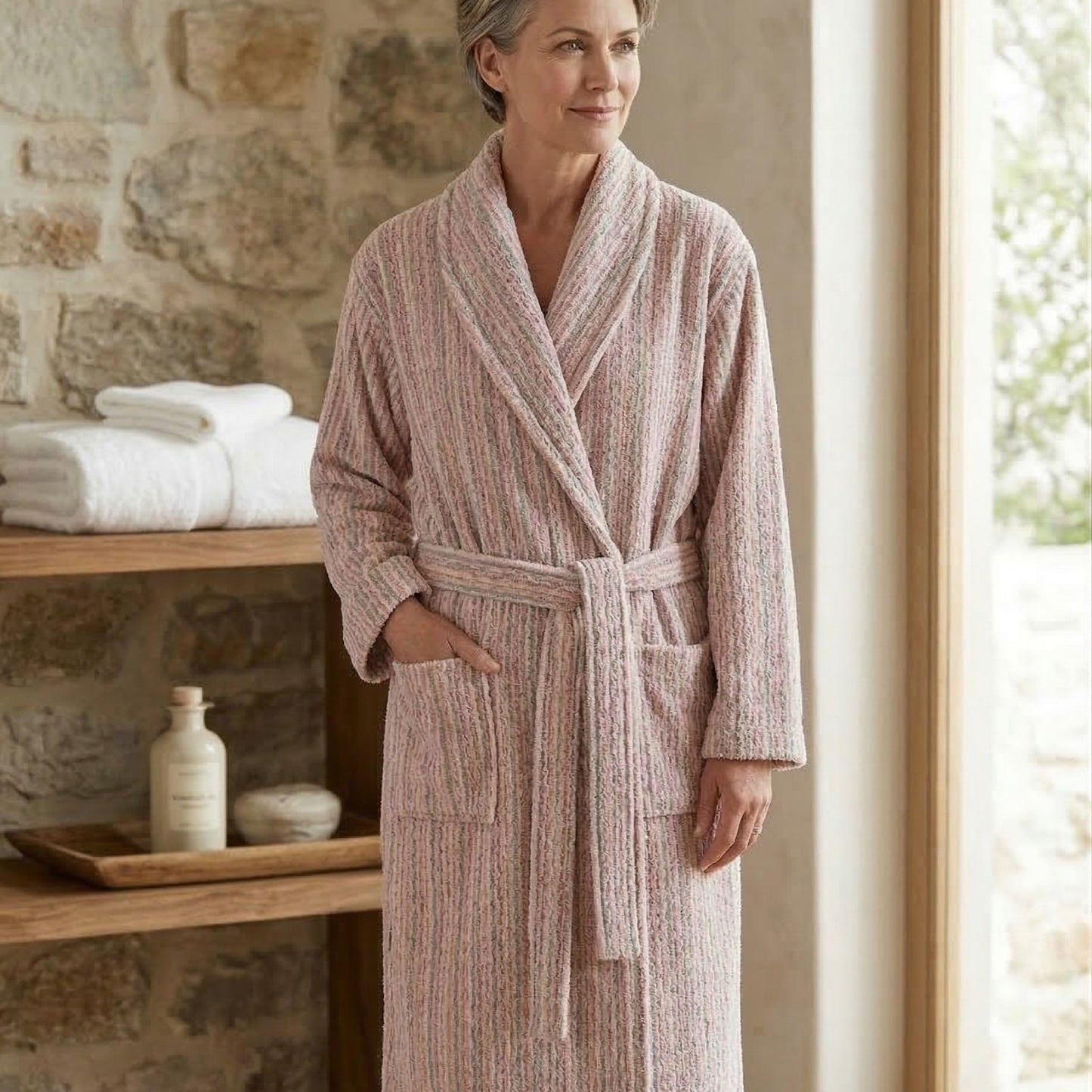 Handwoven Turkish Terry Towel Unisex  Bathrobe – Stripe Pattern (L/XL)
