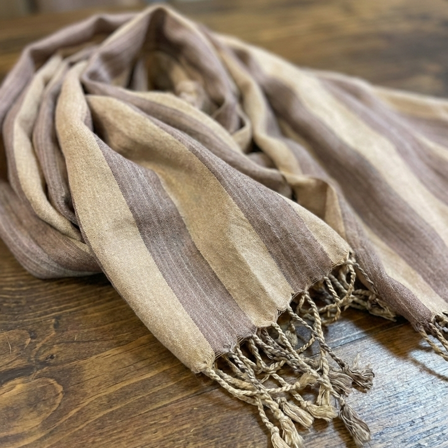 Striped Handwoven Anatolian Silk Scarf – Limited Heritage Collection with fringes on a wooden surface