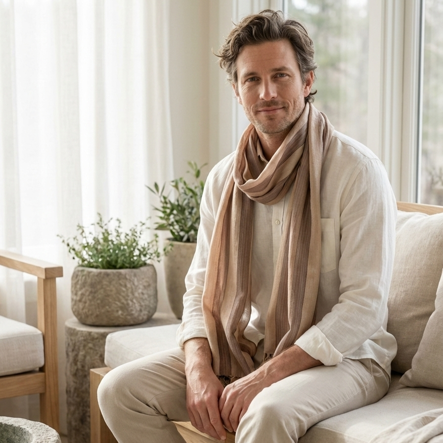 Man sitting on a couch wearing a beige Handwoven Anatolian Silk Scarf – Limited Heritage Collection in a bright living room.