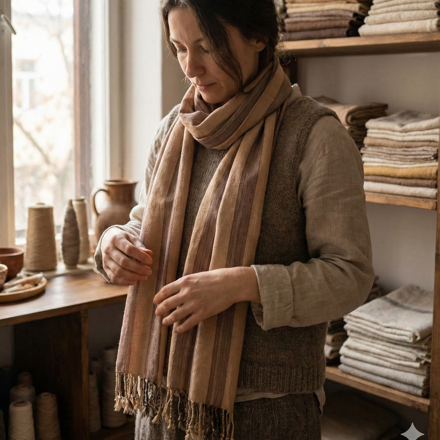Woman wearing a beige Handwoven Anatolian Silk Scarf – Limited Heritage Collection in a room with shelves of folded fabric.
