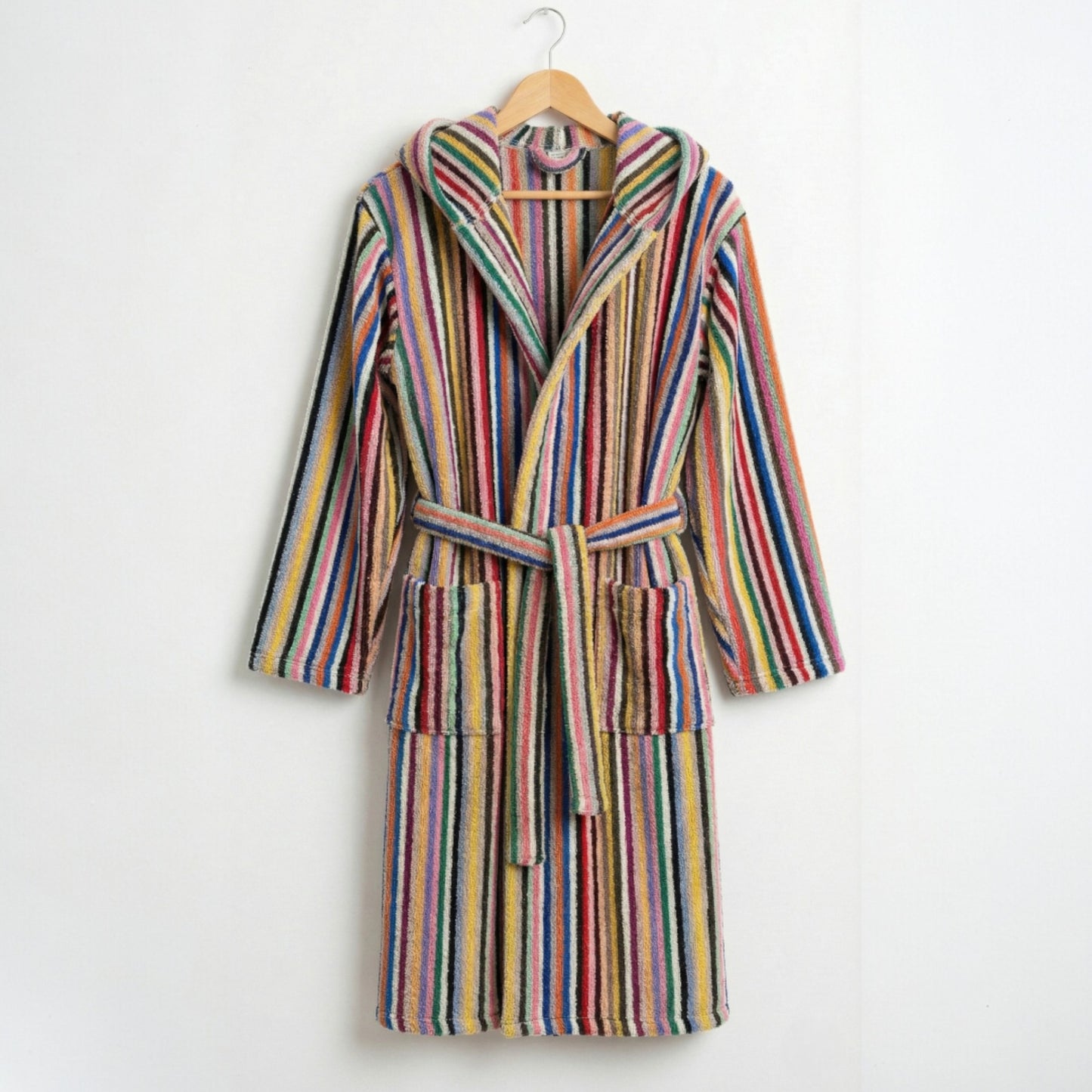 Handwoven Hooded Turkish Terry Bathrobe — Multi Color Stripe Design Hooded