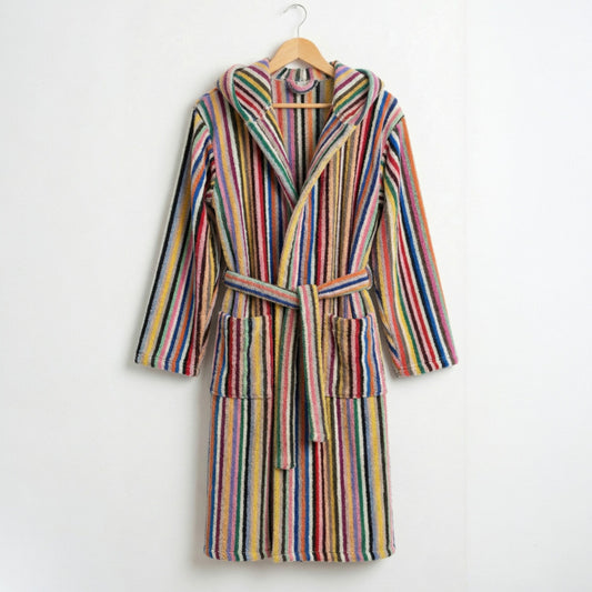 Handwoven Hooded Turkish Terry Bathrobe — Multi Color Stripe Design Hooded