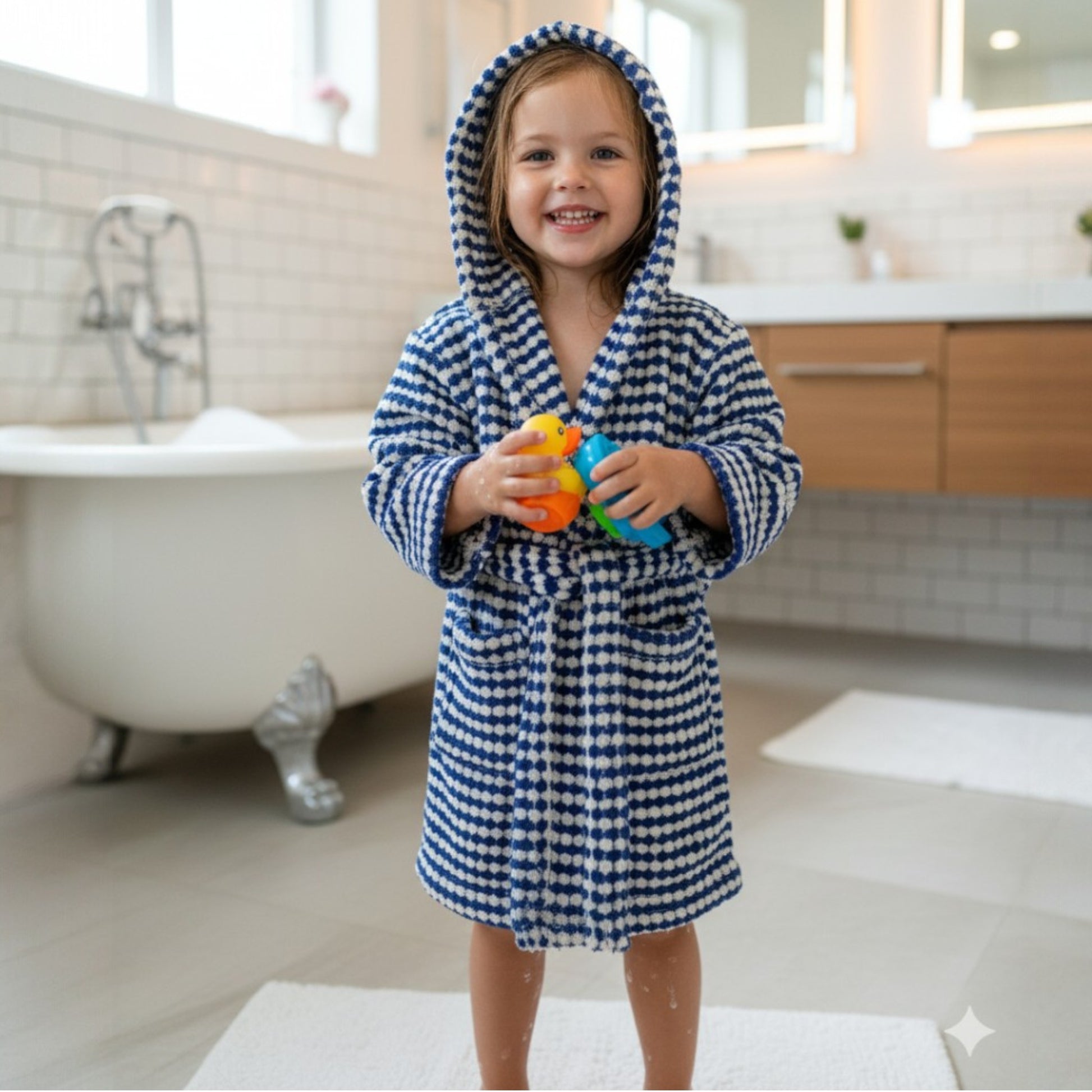 Child wearing a blue and white checkered robe holding colorful toys in a bathroom.