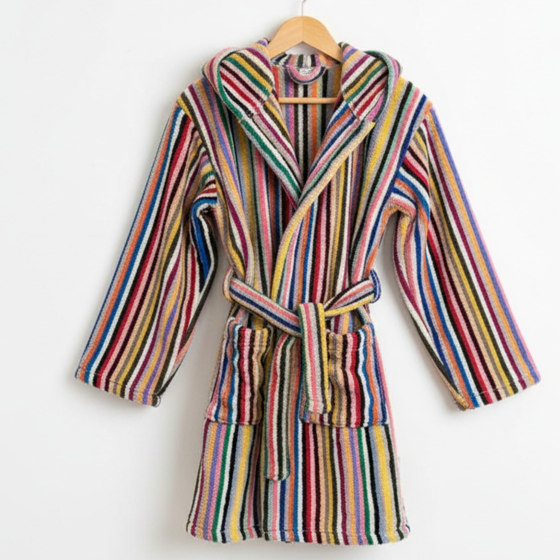 Handwoven kids' bathrobe, front view, in natural Turkish cotton terry with multi-color stripes. Includes hood, belt, and two pockets.