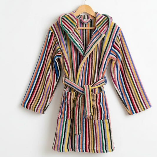 Handwoven kids' bathrobe, front view, in natural Turkish cotton terry with multi-color stripes. Includes hood, belt, and two pockets.