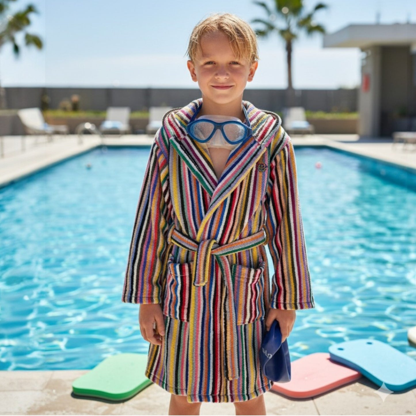 Child in a colorful striped robe standing by a pool with goggles on their head.