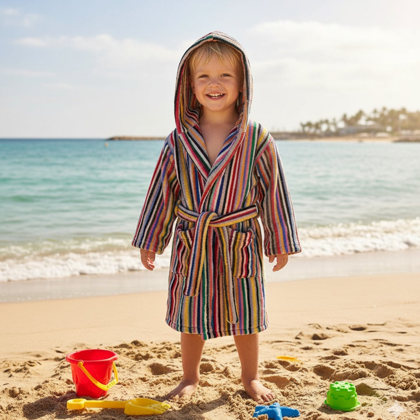 Child in a colorful striped robe standing on a beach with ocean in the background