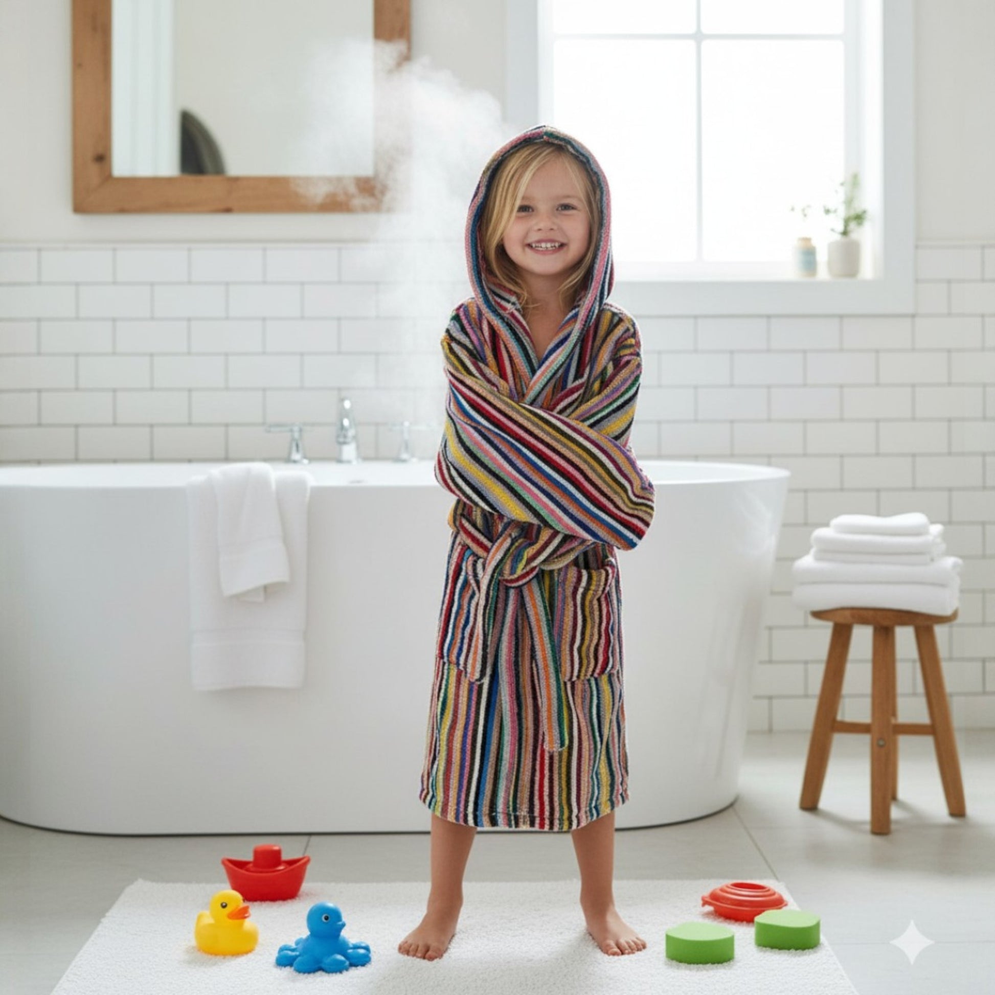 Child wearing a colorful striped robe in a bathroom with toys on the floor.